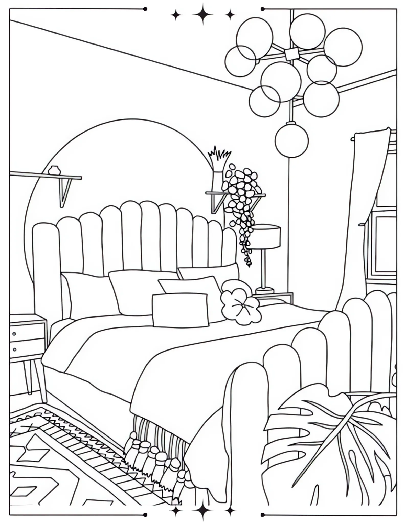 Stunning Aesthetic Coloring Pages to Calm Your Mind Aesthetic Relaxing Boho Bedroom Coloring Page for Adults