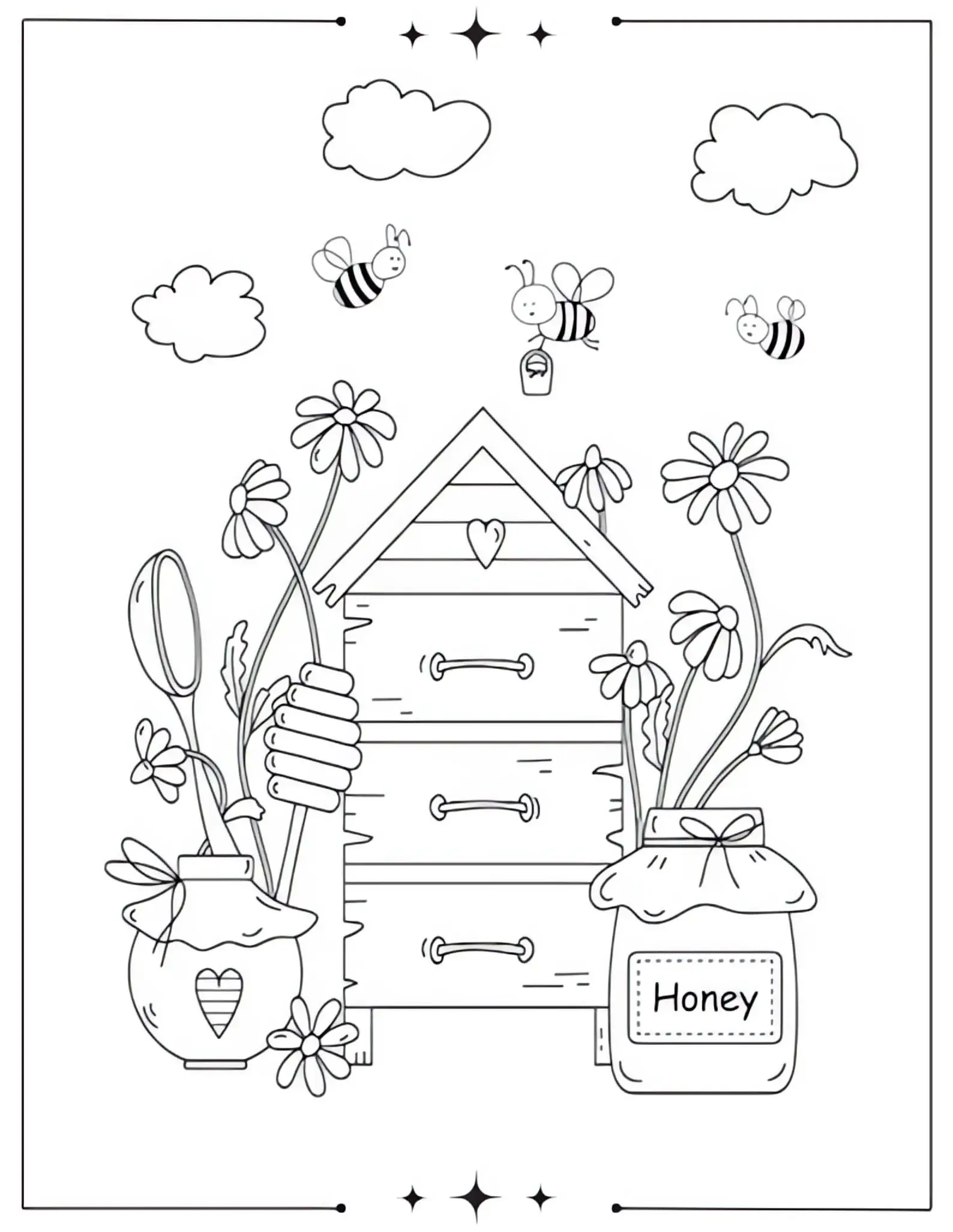 Beautiful Spring Coloring Pages Full of Bloom & Fun Bees, Beehives, Honey, and Flowers Coloring Page