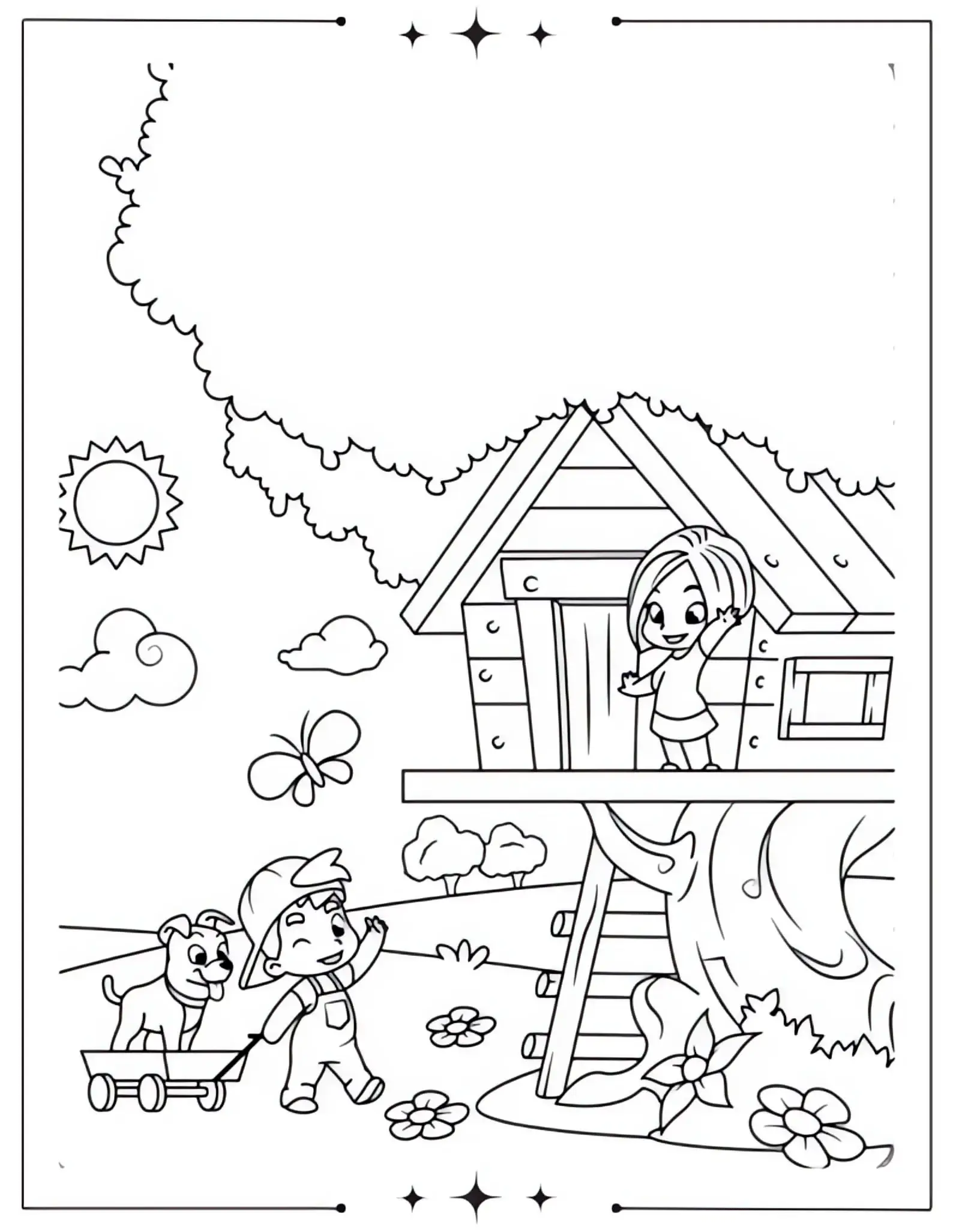 Beautiful Spring Coloring Pages Full of Bloom & Fun Boy and Girl In a Treehouse Outdoors Coloring Page