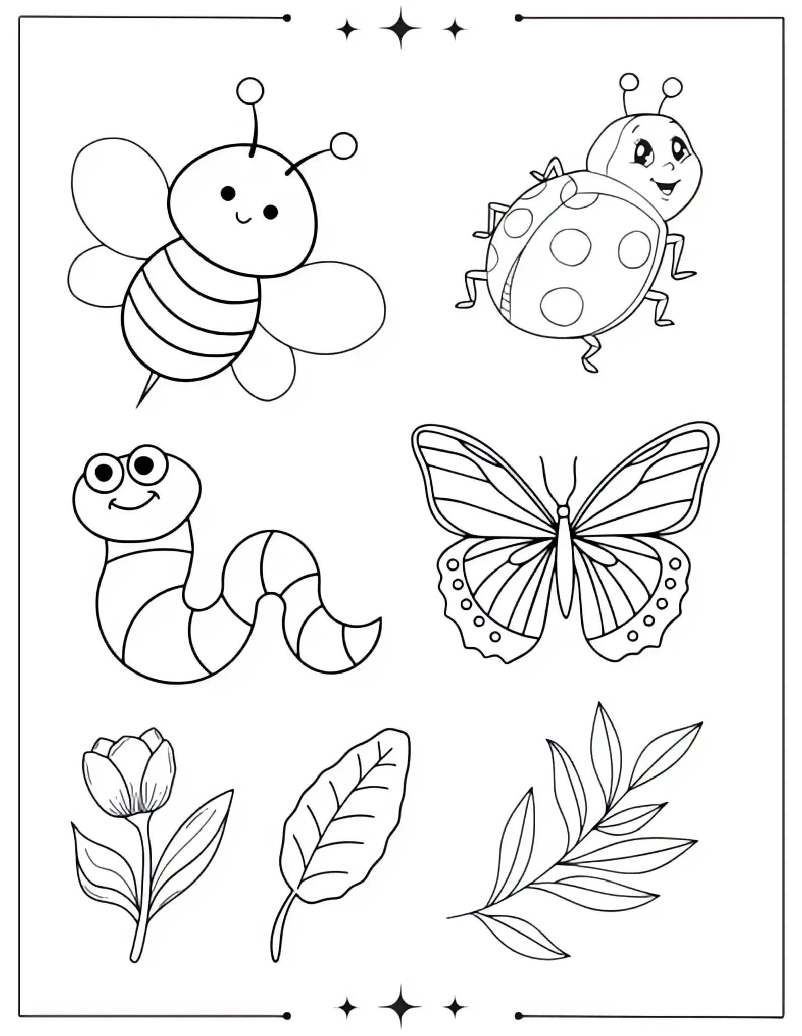 Beautiful Spring Coloring Pages Full of Bloom & Fun Bugs, Worms, Butterflies, Bees, Worms, and Leaves Coloring Page