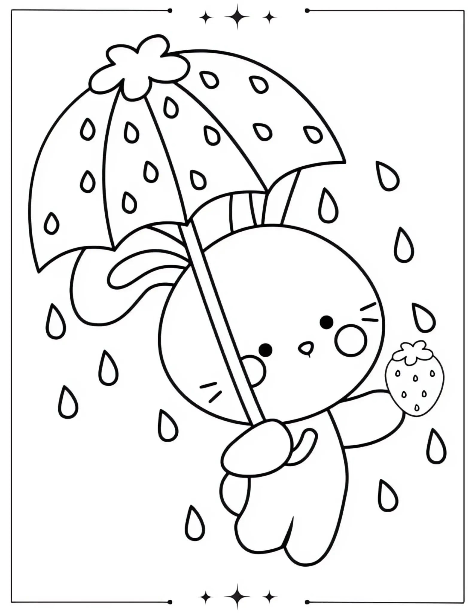 Beautiful Spring Coloring Pages Full of Bloom & Fun Bunny Holds Umbrella in the Rain With a Strawberry Coloring Page