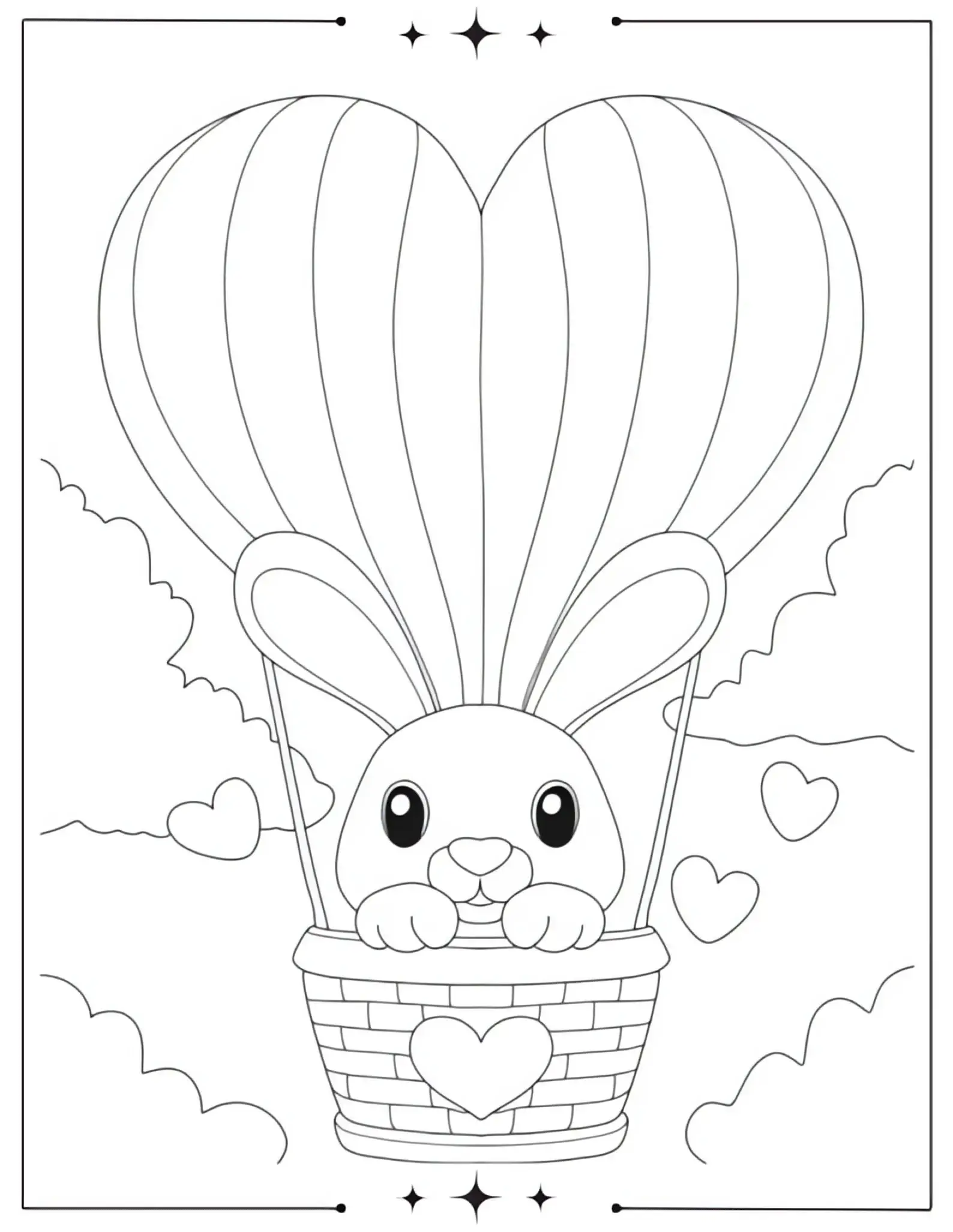 Bunny in Heart-Shaped Hot Air Balloon Coloring Page