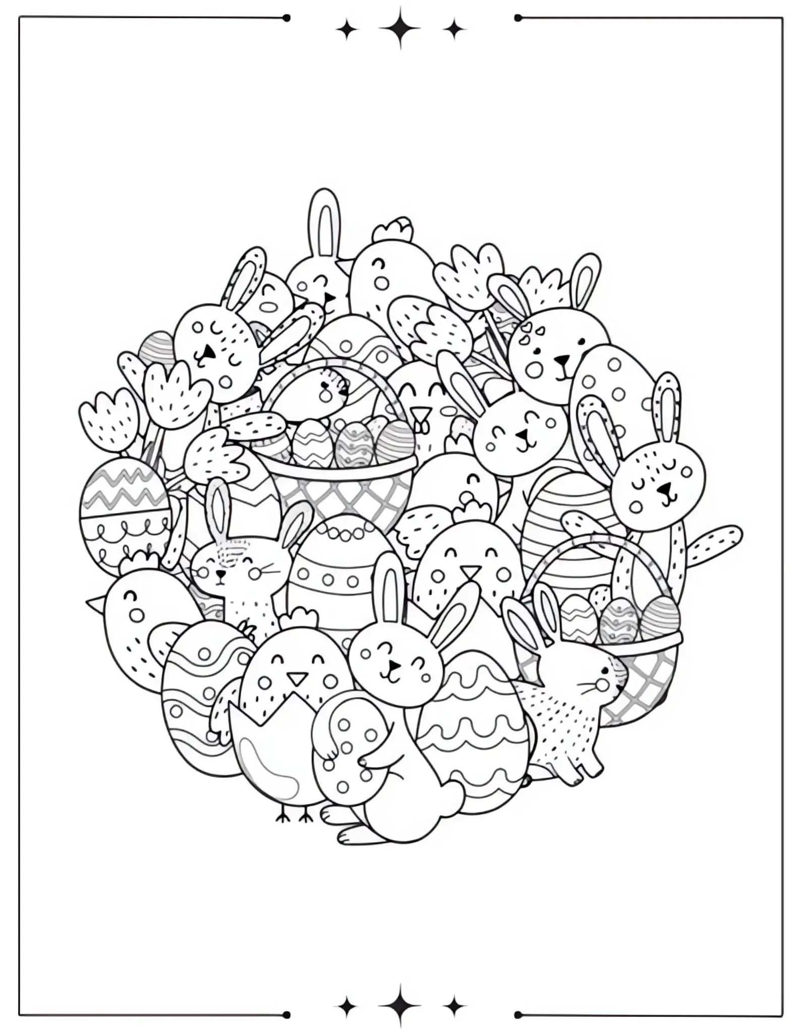 Cute Bunny HoldinChick Easter Doodle Page Coloring Sheetand Easter Egg Coloring Page for Kids Egg with Bow Coloring Page