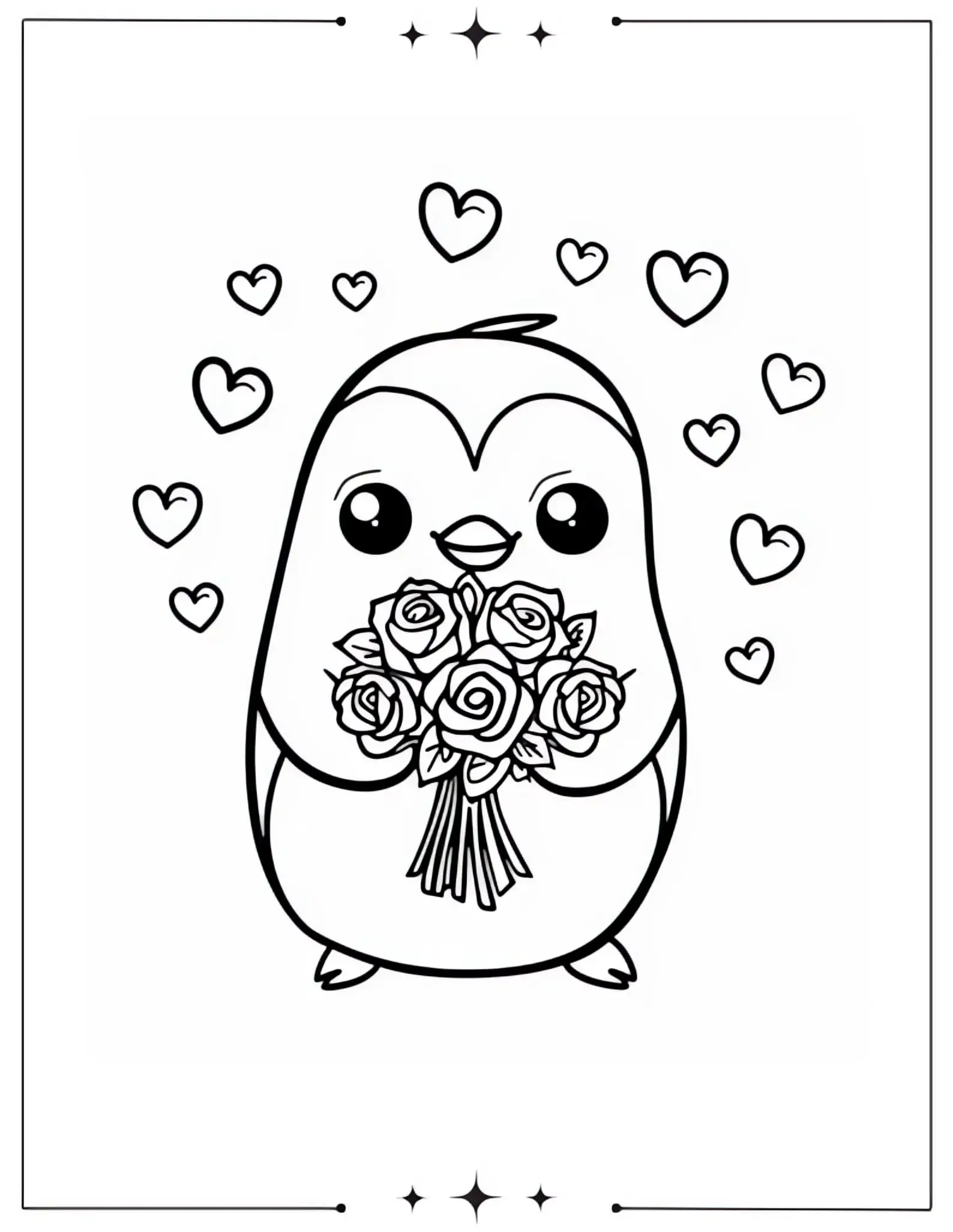Cute Penguin Holding Rose and Heart Coloring Page for Kids