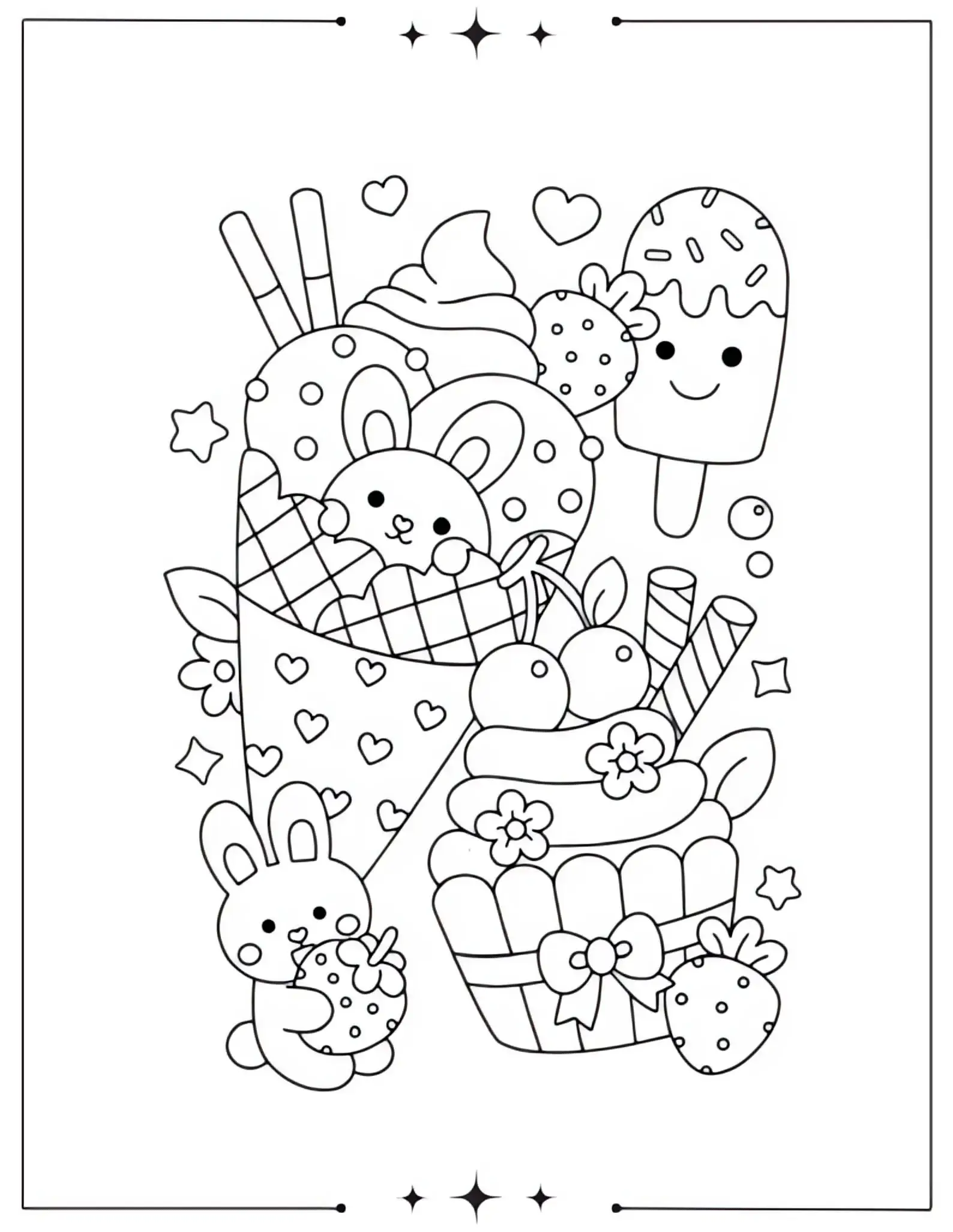 Easter Bunny Ice Cream, and Cupcakes Coloring Page