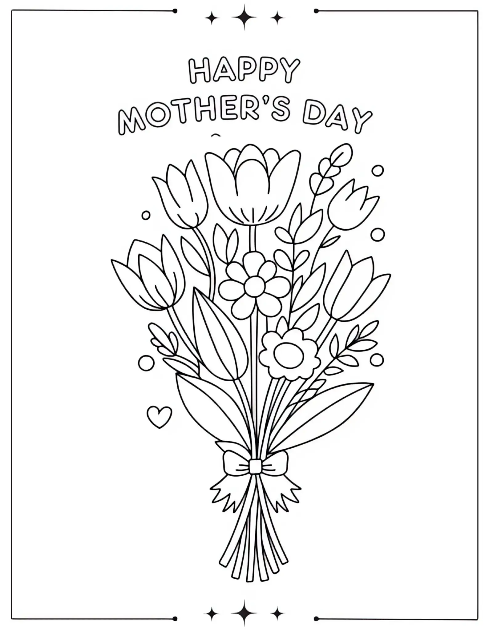 Mother’s Day Coloring Pages Happy Mother’s Day Coloring Page with Bouquet of Flowers Tied in a Bow