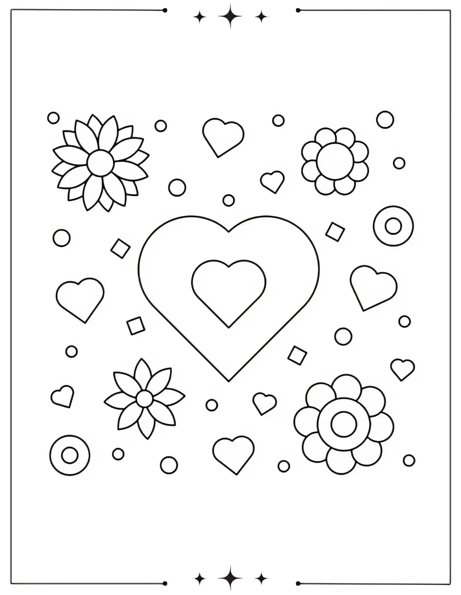 Hearts, Flowers, and Gems Coloring Page