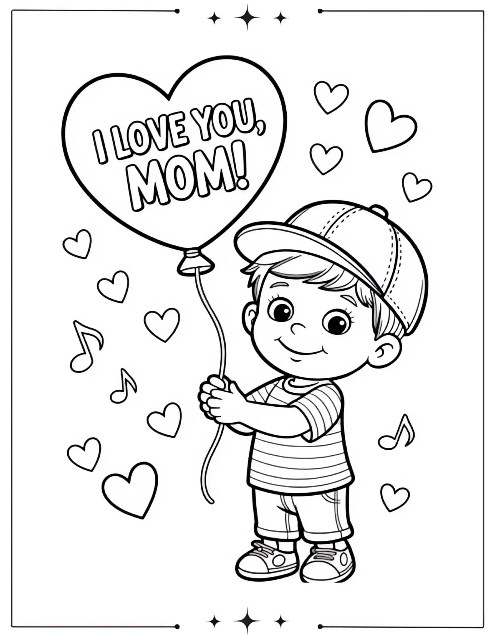 Mother’s Day Coloring Pages I Love You Mom Coloring Page with Heart and Flower Balloons