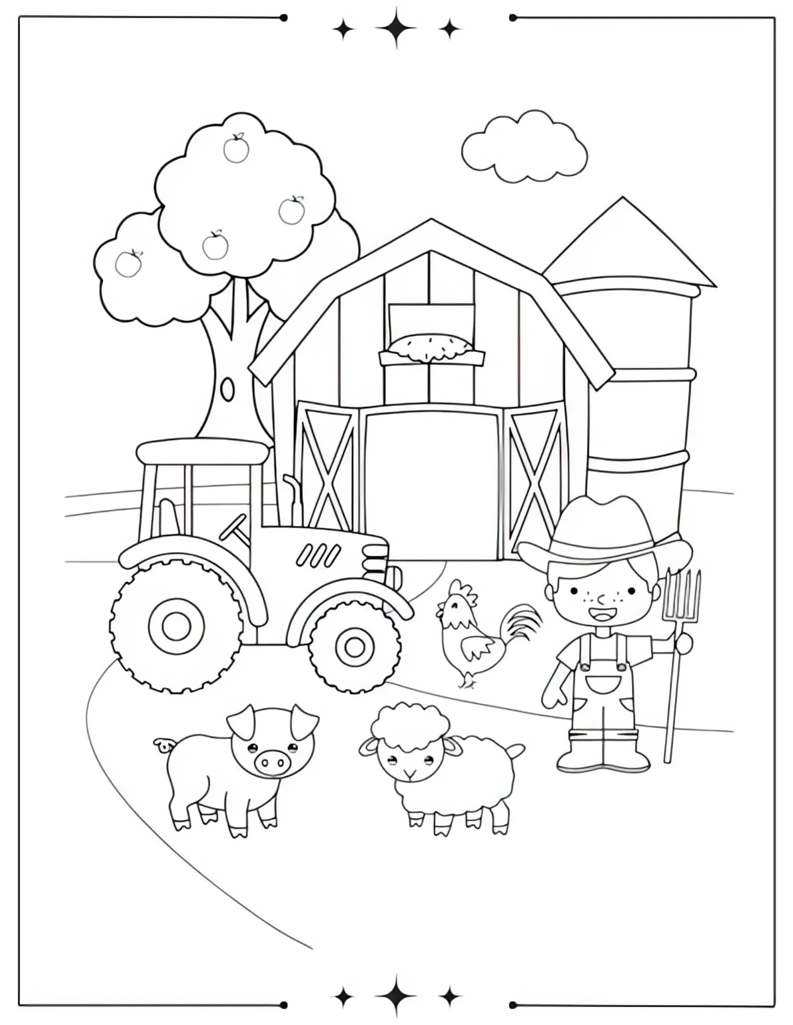 Beautiful Spring Coloring Pages Full of Bloom & Fun Spring Day on the Farm with Lamb and Tractor in Front of Barn Coloring Page