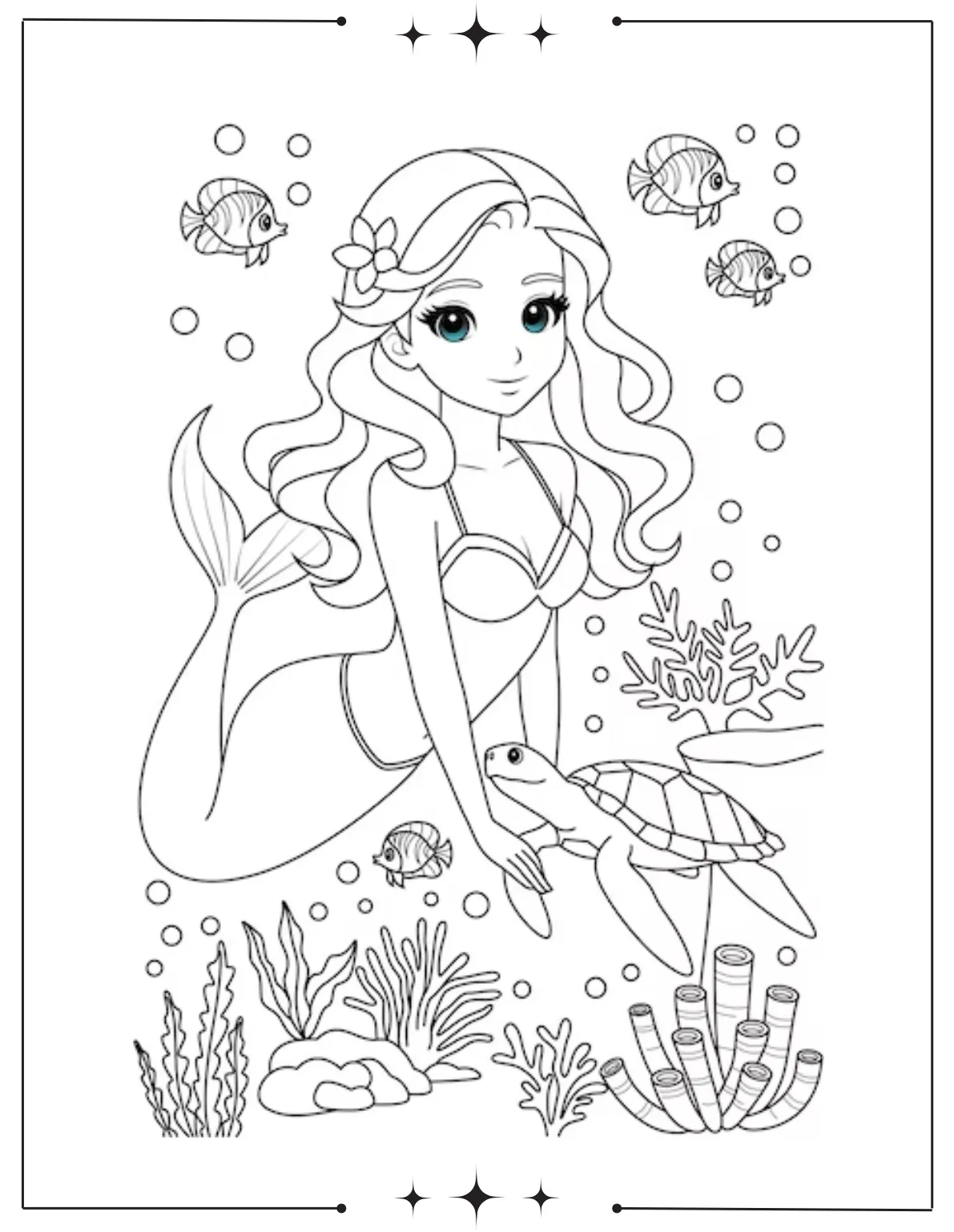 Magical Mermaid Coloring Pages for Kids Beautiful Mermaid with Sea Turtles Coloring Sheet