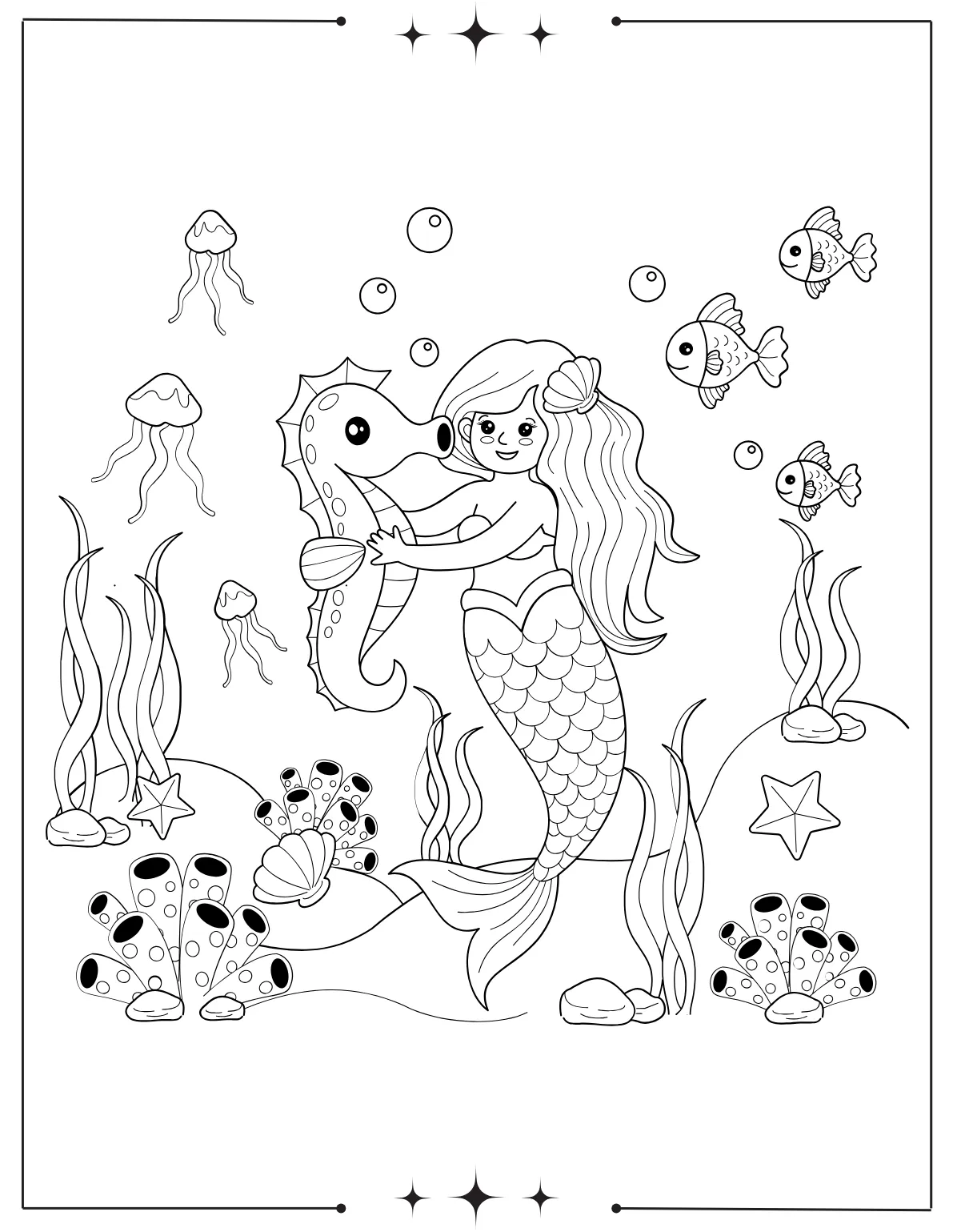 Magical Mermaid Coloring Pages for Kids Cute Mermaid Holding Fish Coloring Page