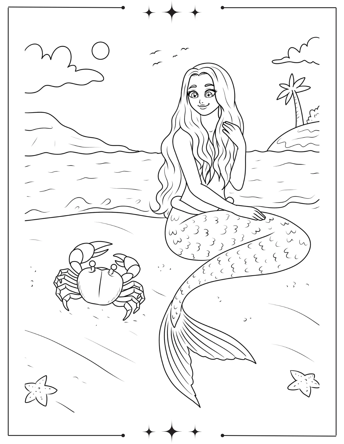 Magical Mermaid Coloring Pages for Kids Mermaid and Crab on a Beach Coloring Page