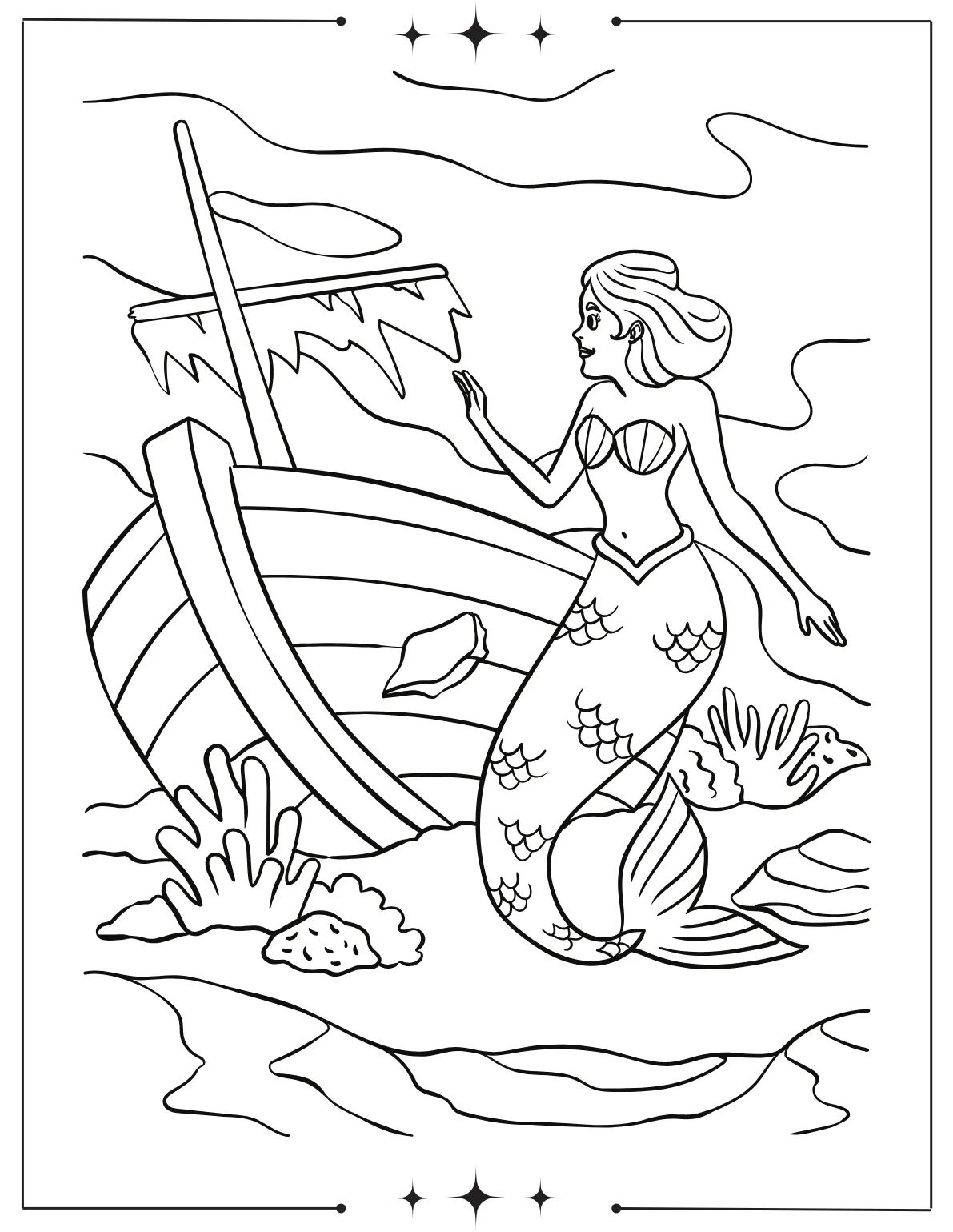 Magical Mermaid Coloring Pages for Kids Mermaid with Sunken Shipwreck Coloring Page