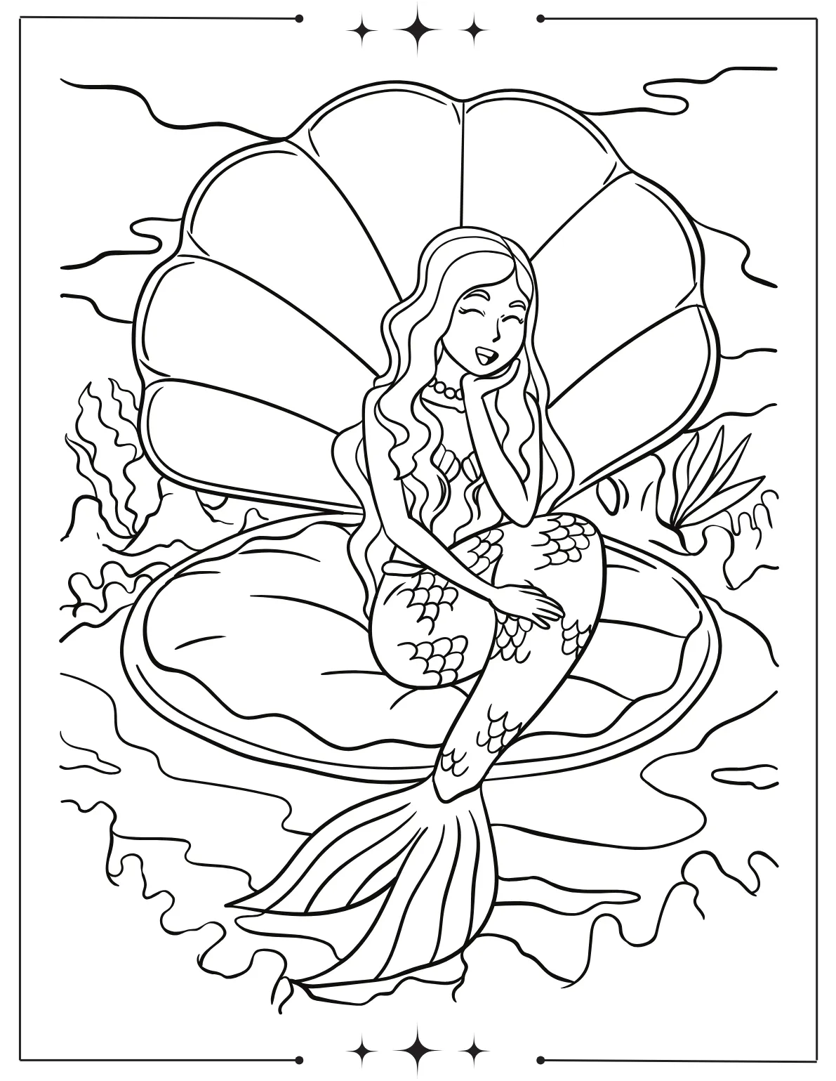 Magical Mermaid Coloring Pages for Kids Princess Mermaid on Shell Coloring Page