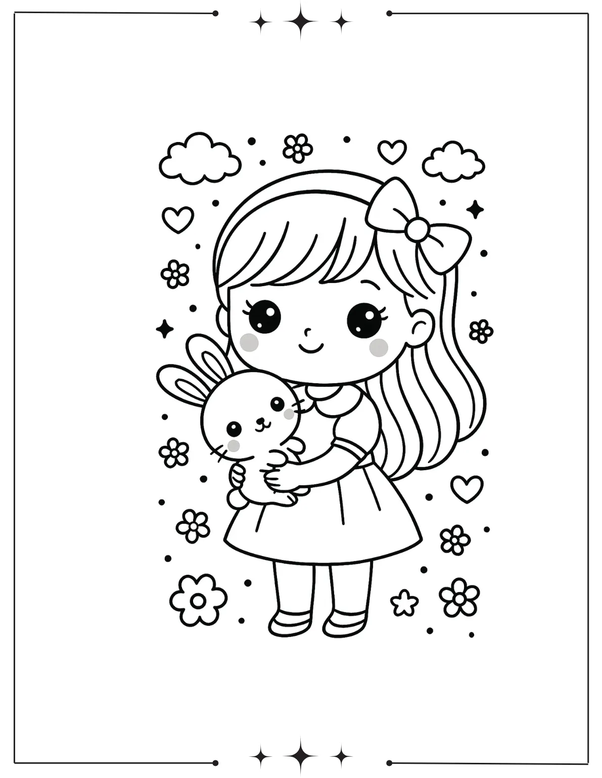 Kawaii Coloring Pages (Free Printables) Adorable Girl Holding Bunny Coloring Page