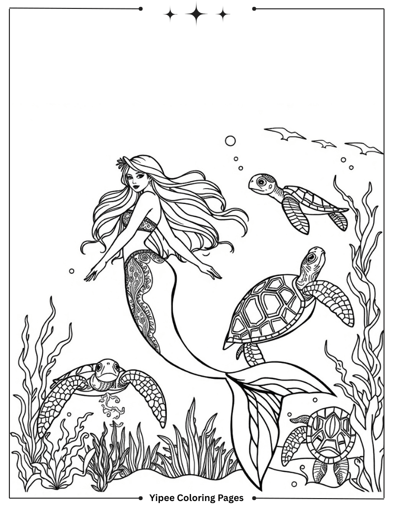 Stunning Mermaid Coloring Pages Bursting With Magic Beautiful Mermaid with Sea Turtles Coloring Sheet