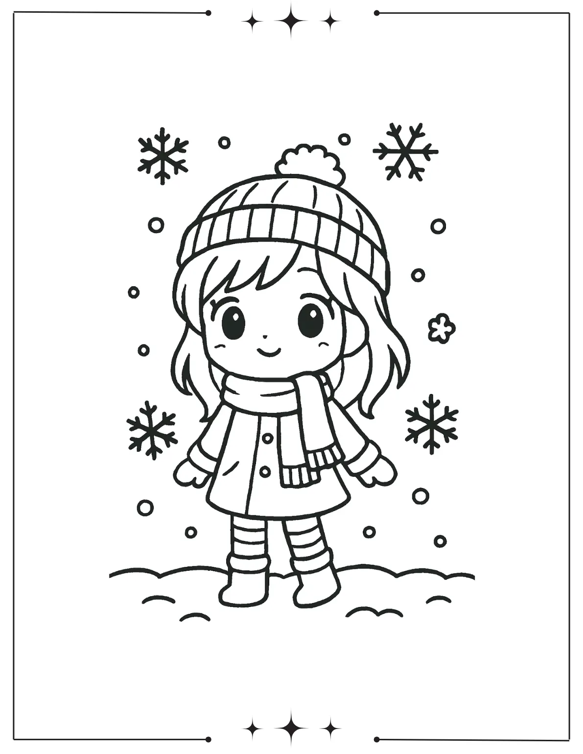 Kawaii Coloring Pages (Free Printables) Chibi Girl in the Snow Coloring Page