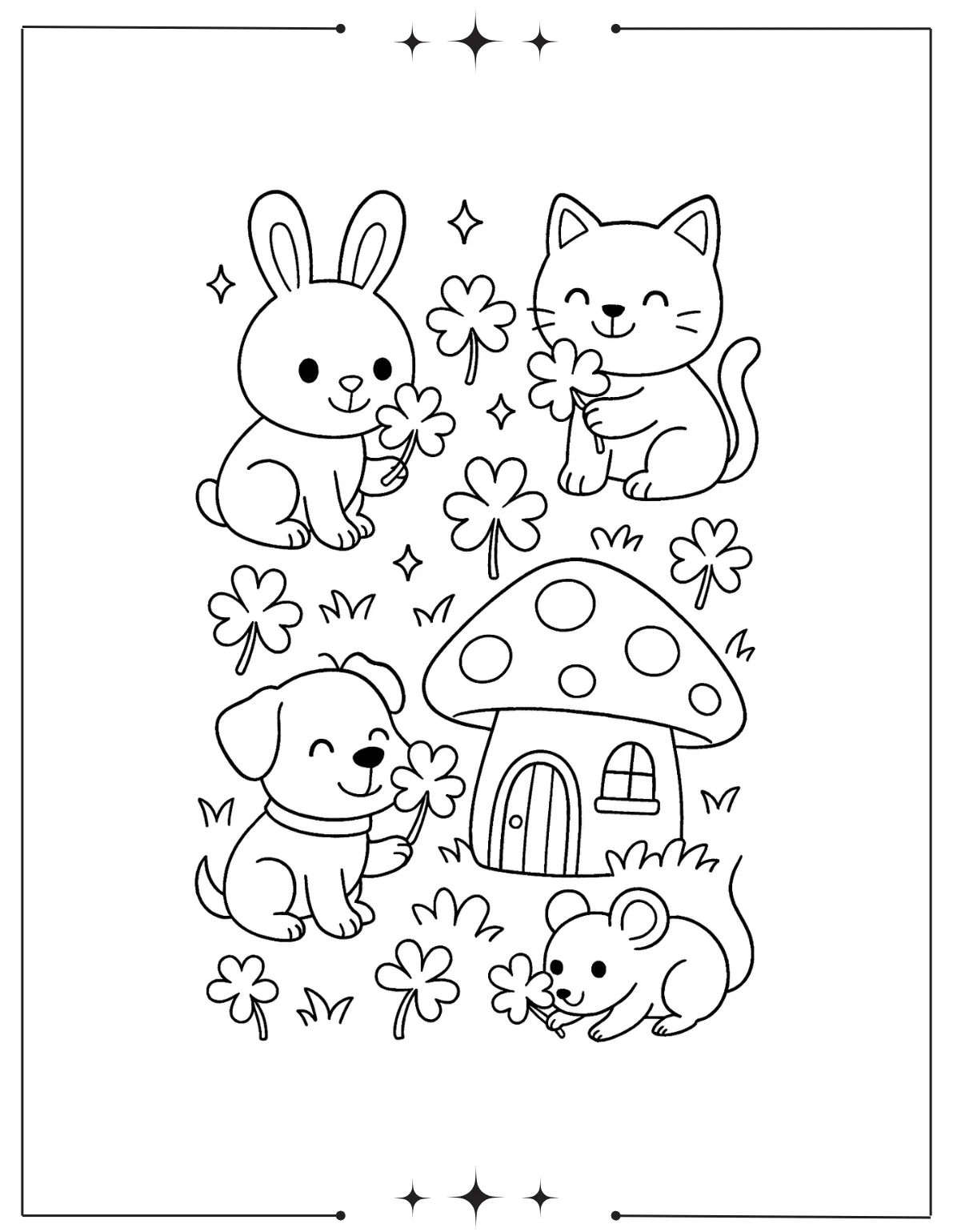 Cute Animals Find Four Leaf Clovers Coloring Page for Kids