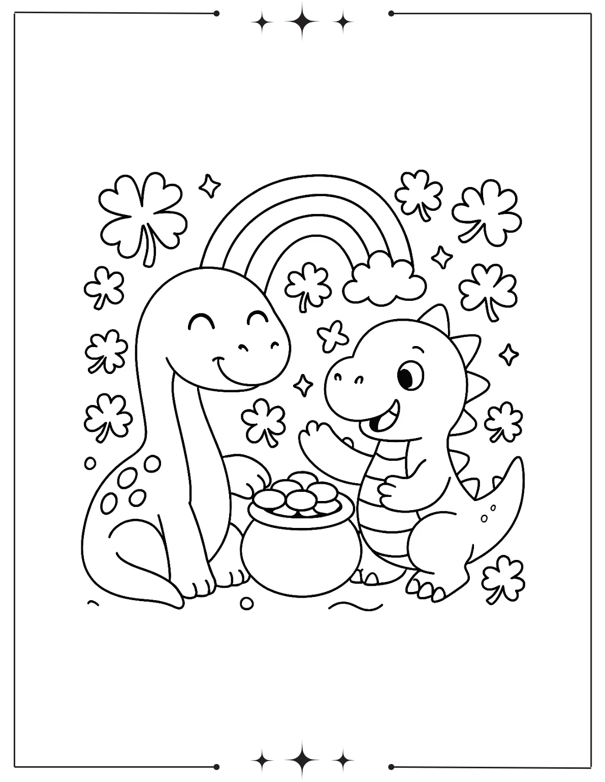 Cute Dinosaurs Find Pot of Gold Coloring Page