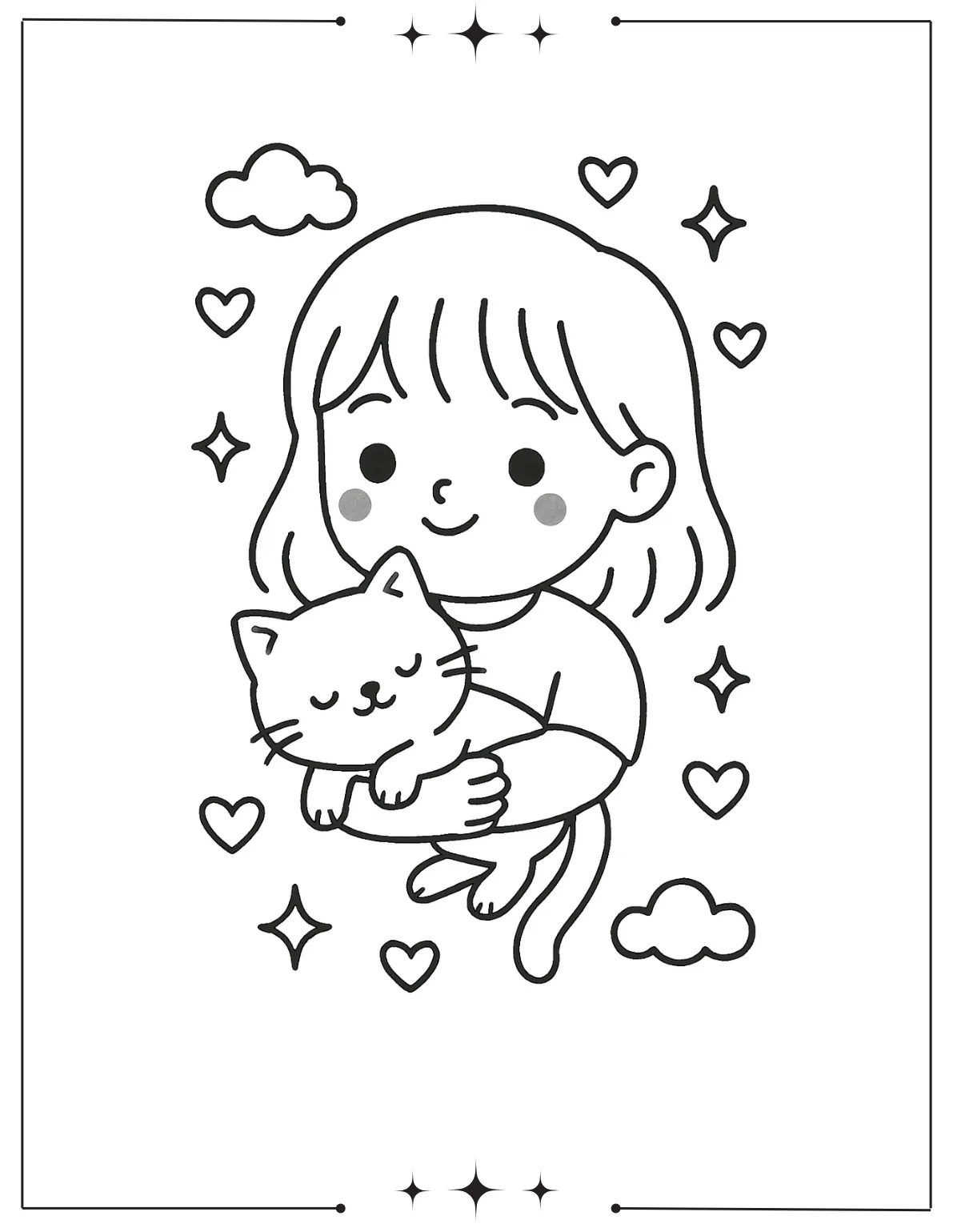 Kawaii Coloring Pages (Free Printables) Cute Girl Holding Cat Coloring Page