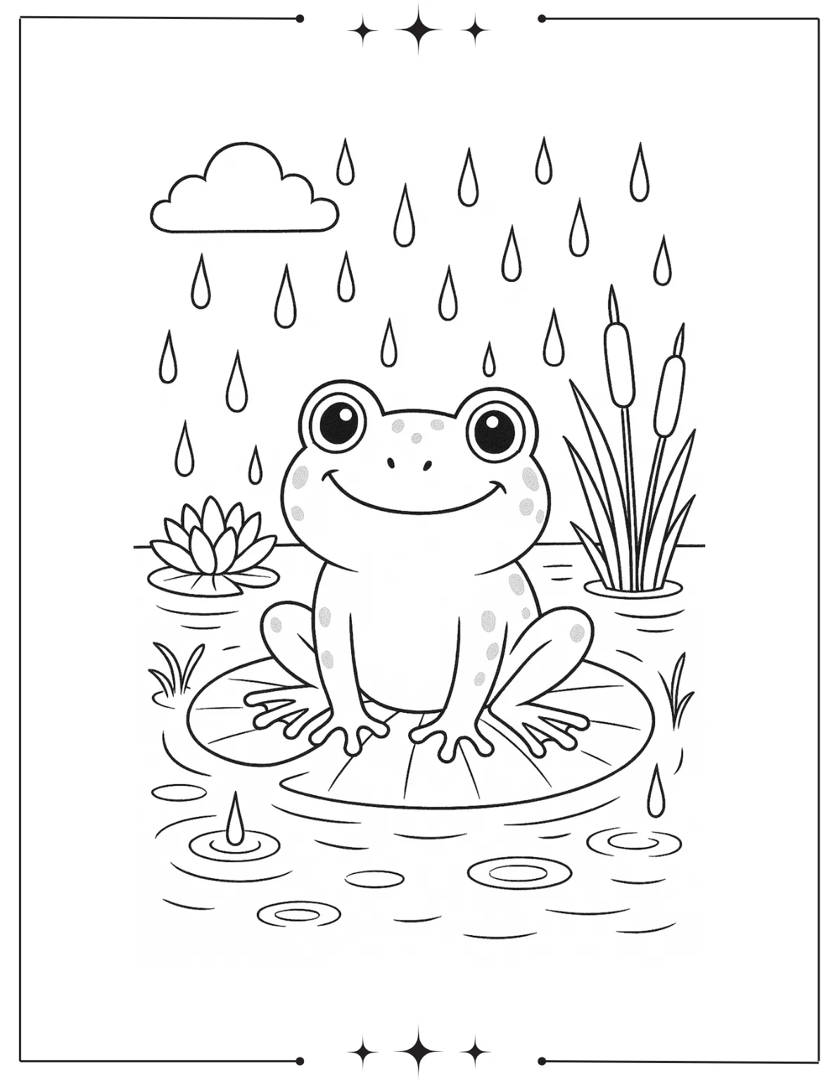 Rainy Day Coloring Pages (Free Printables) Frog enjoy in the pond