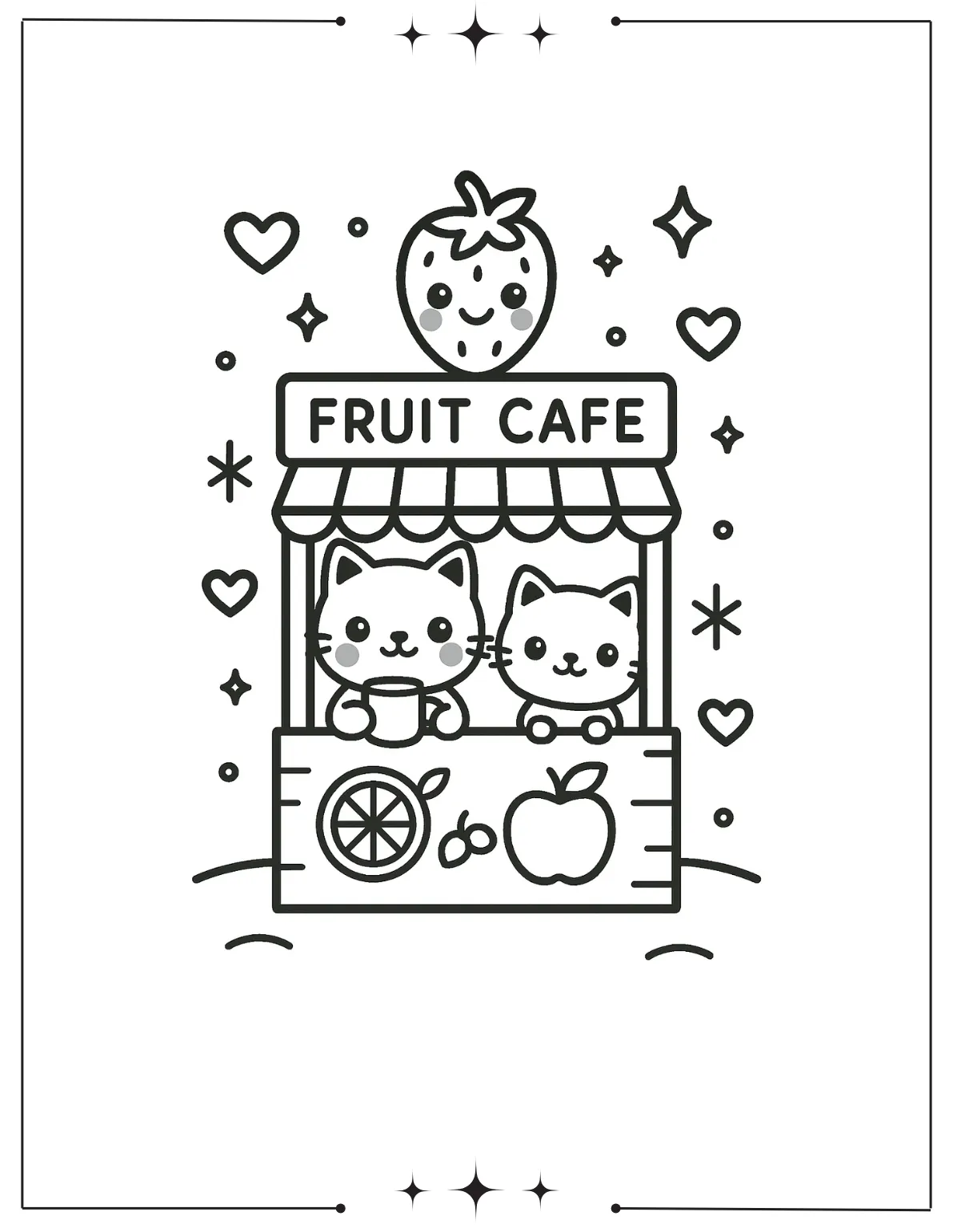 Kawaii Coloring Pages (Free Printables) Fruit Box Cafe with Cats Coloring Page