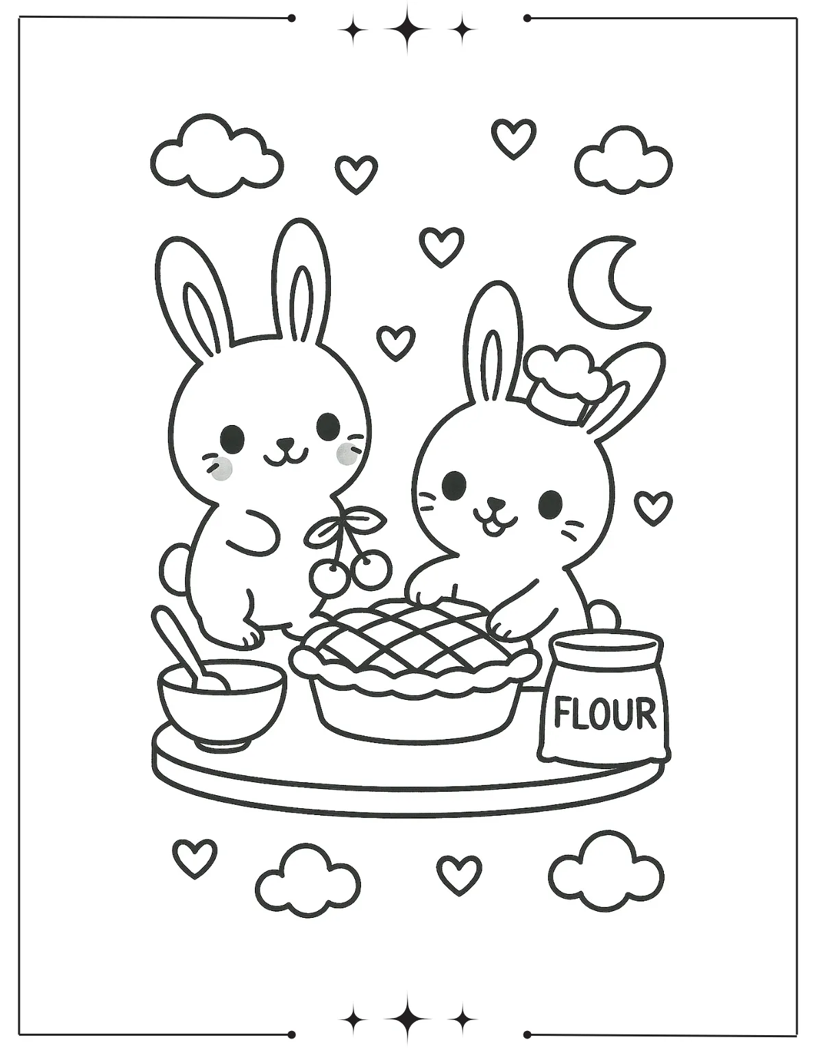 Kawaii Coloring Pages (Free Printables) Happy Bunnies Making Cherry Pie Coloring Sheet