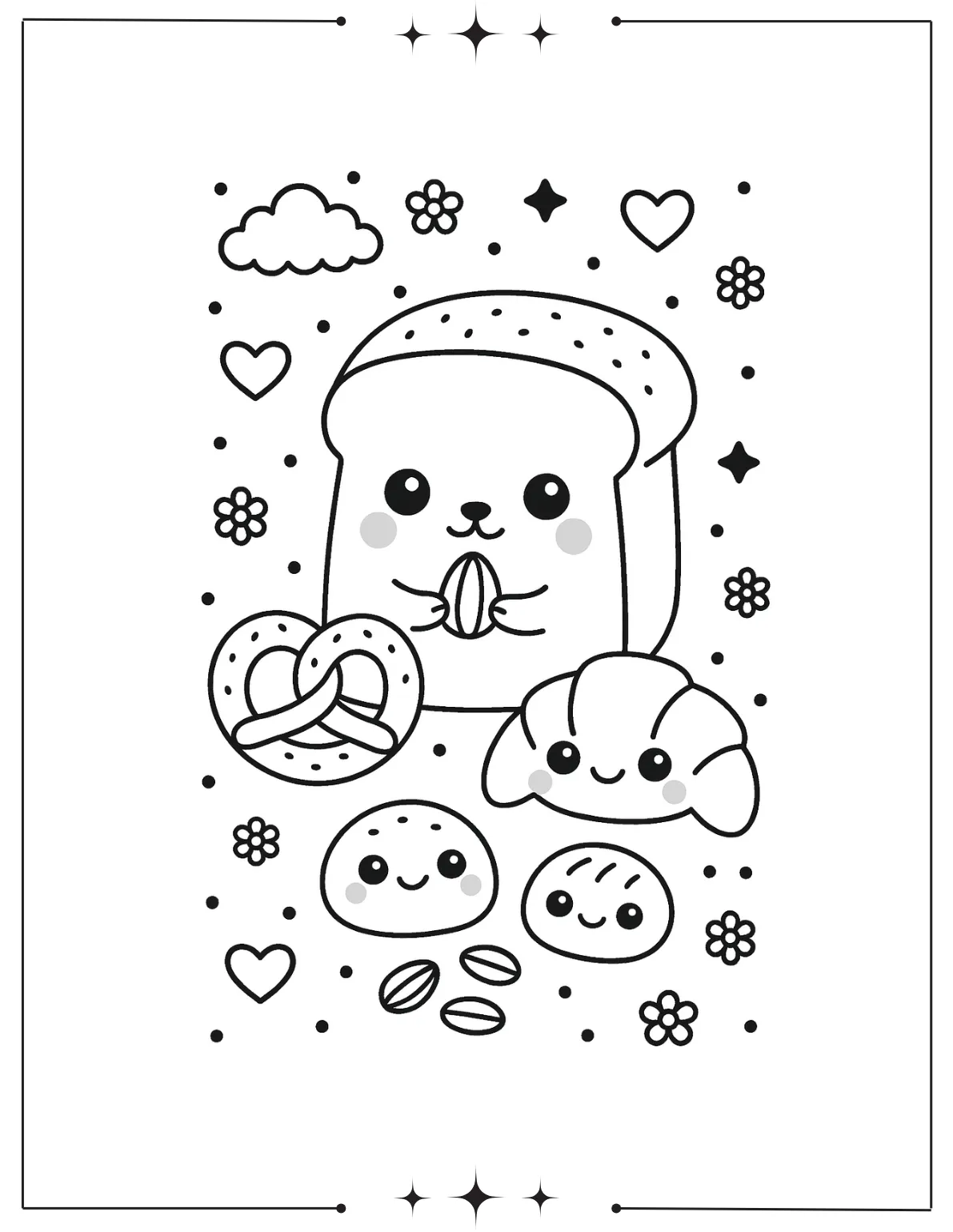 Kawaii Coloring Pages (Free Printables) Kawaii Bread Coloring Sheet with Pretzels, Croissants, and Buns