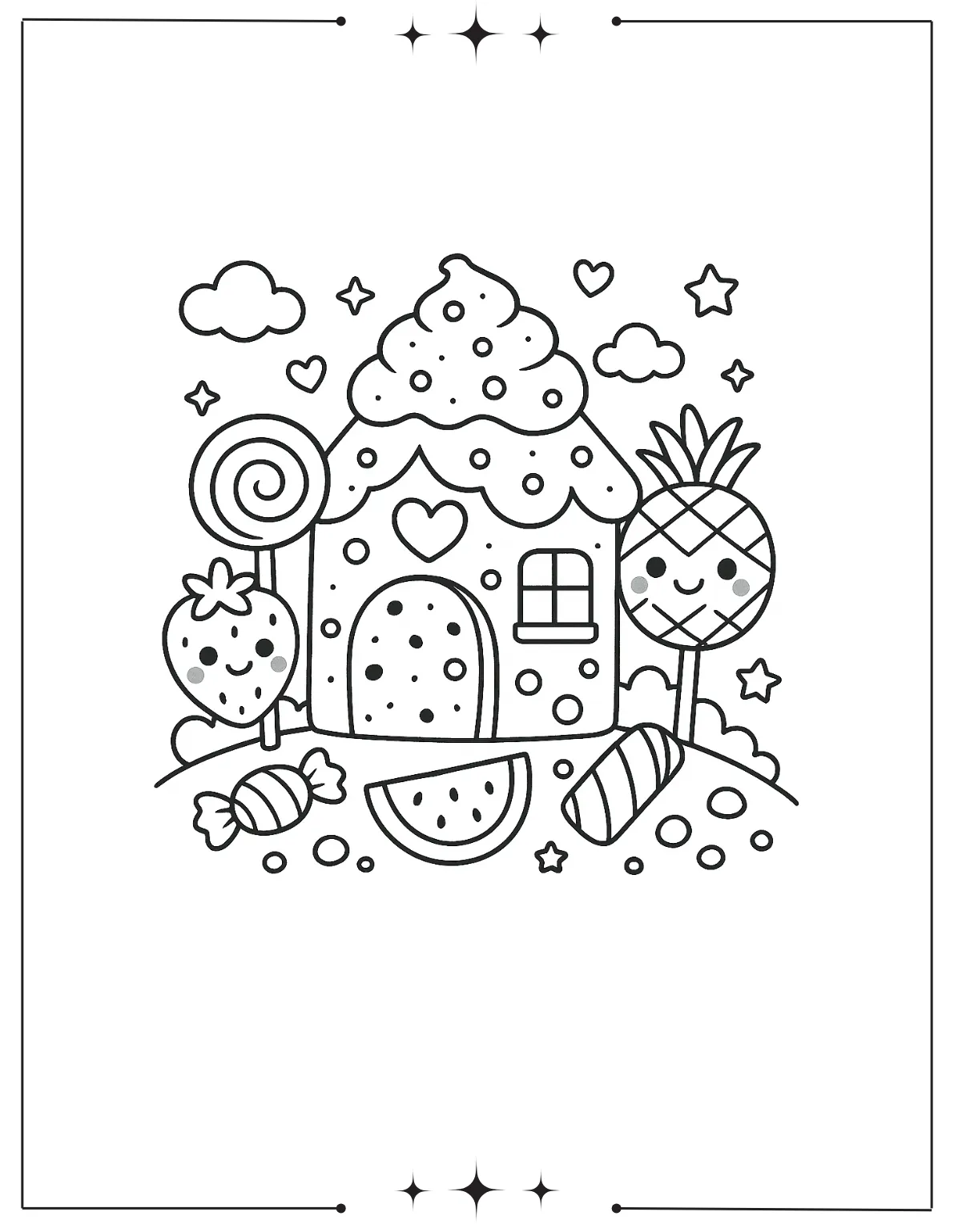 Kawaii Coloring Pages (Free Printables) Kawaii Candy House with Lollipops and Sweets Coloring Sheet