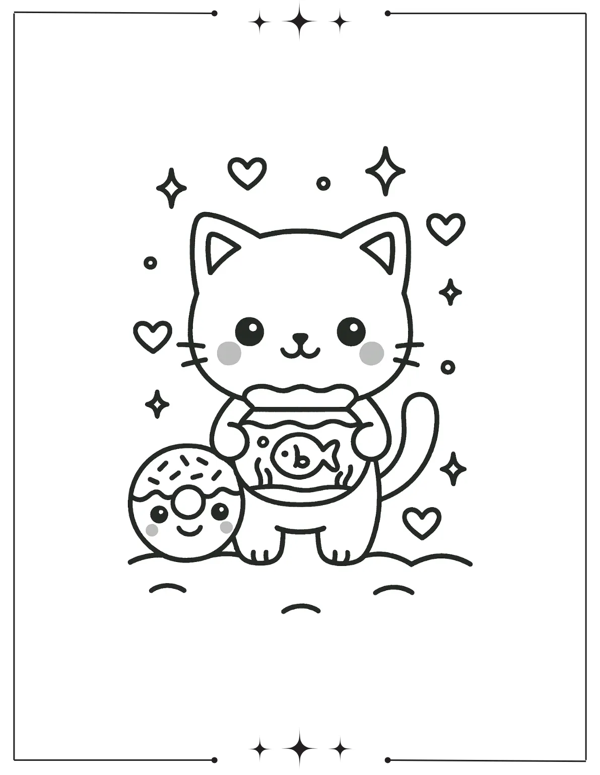 Kawaii Coloring Pages (Free Printables) Kawaii Cat Holding Fishbowl Coloring Sheet for Kids