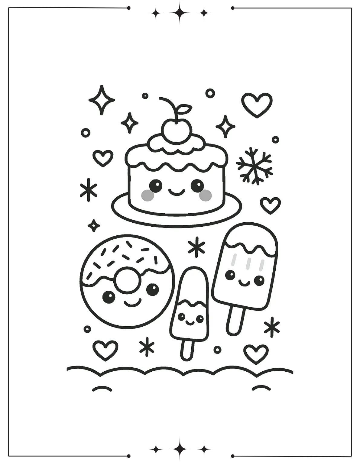 Kawaii Coloring Pages (Free Printables) Kawaii Desserts Coloring Page with Cake, Doughnuts, and Popsicles