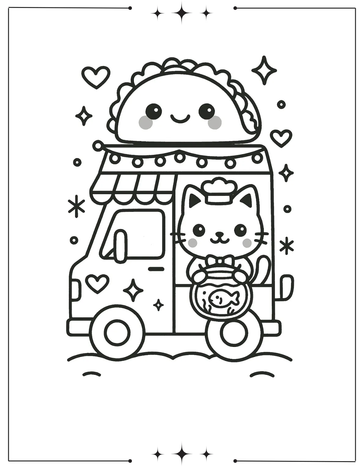 Kawaii Coloring Pages (Free Printables) Kawaii Food Truck with Cats Page