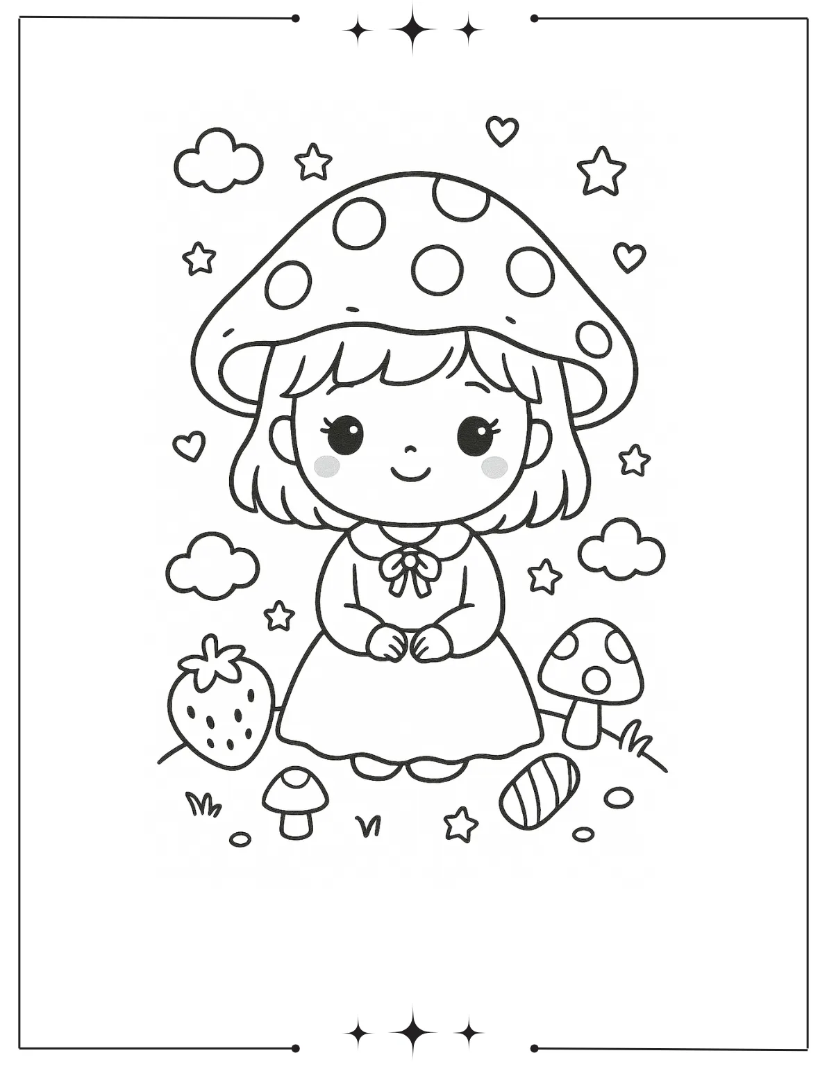 Kawaii Coloring Pages (Free Printables) Kawaii Girl with Mushroom Hat Coloring Page
