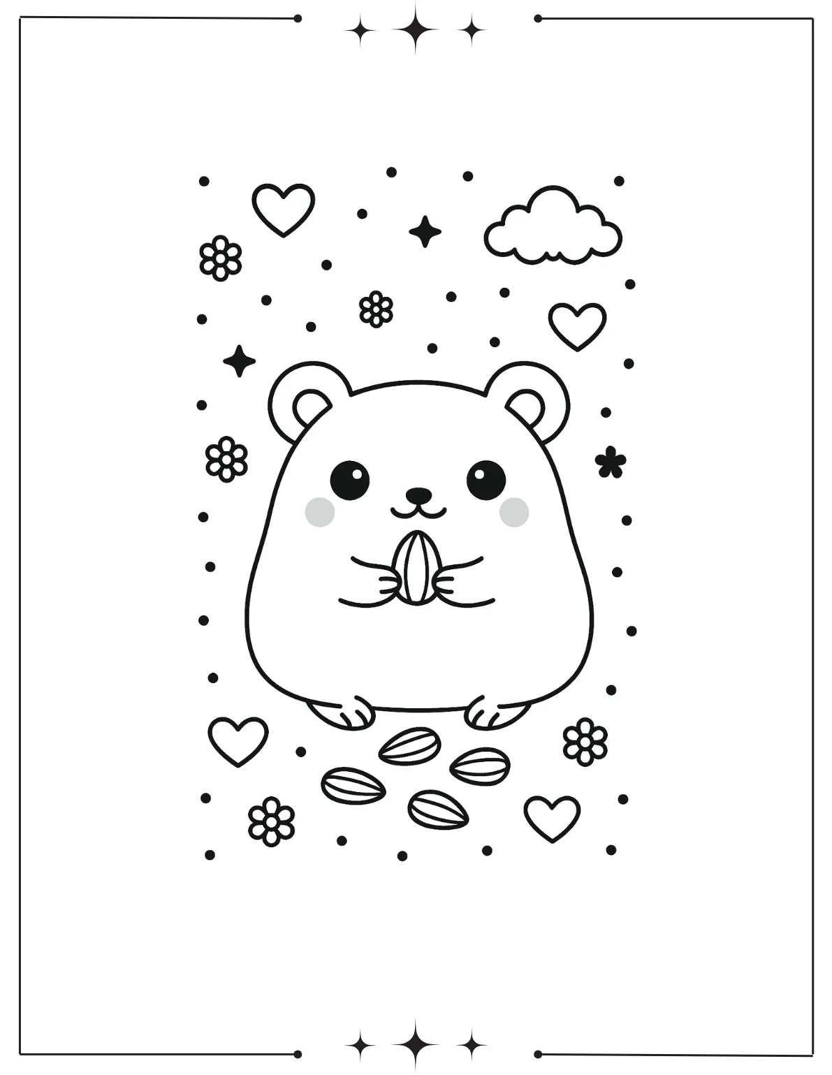 Kawaii Coloring Pages (Free Printables) Kawaii Hamster Eating Seeds Coloring Page