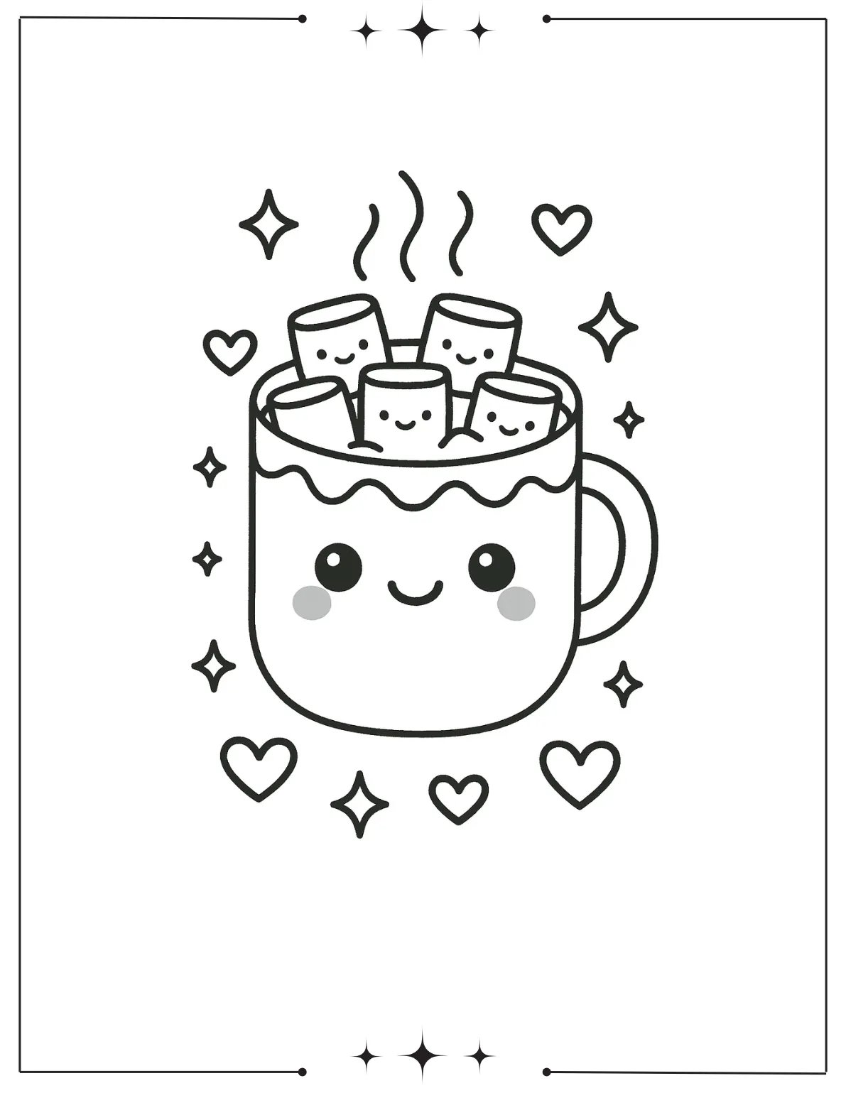 Kawaii Coloring Pages (Free Printables) Kawaii Hot Chocolate with Marshmallows Coloring Sheet