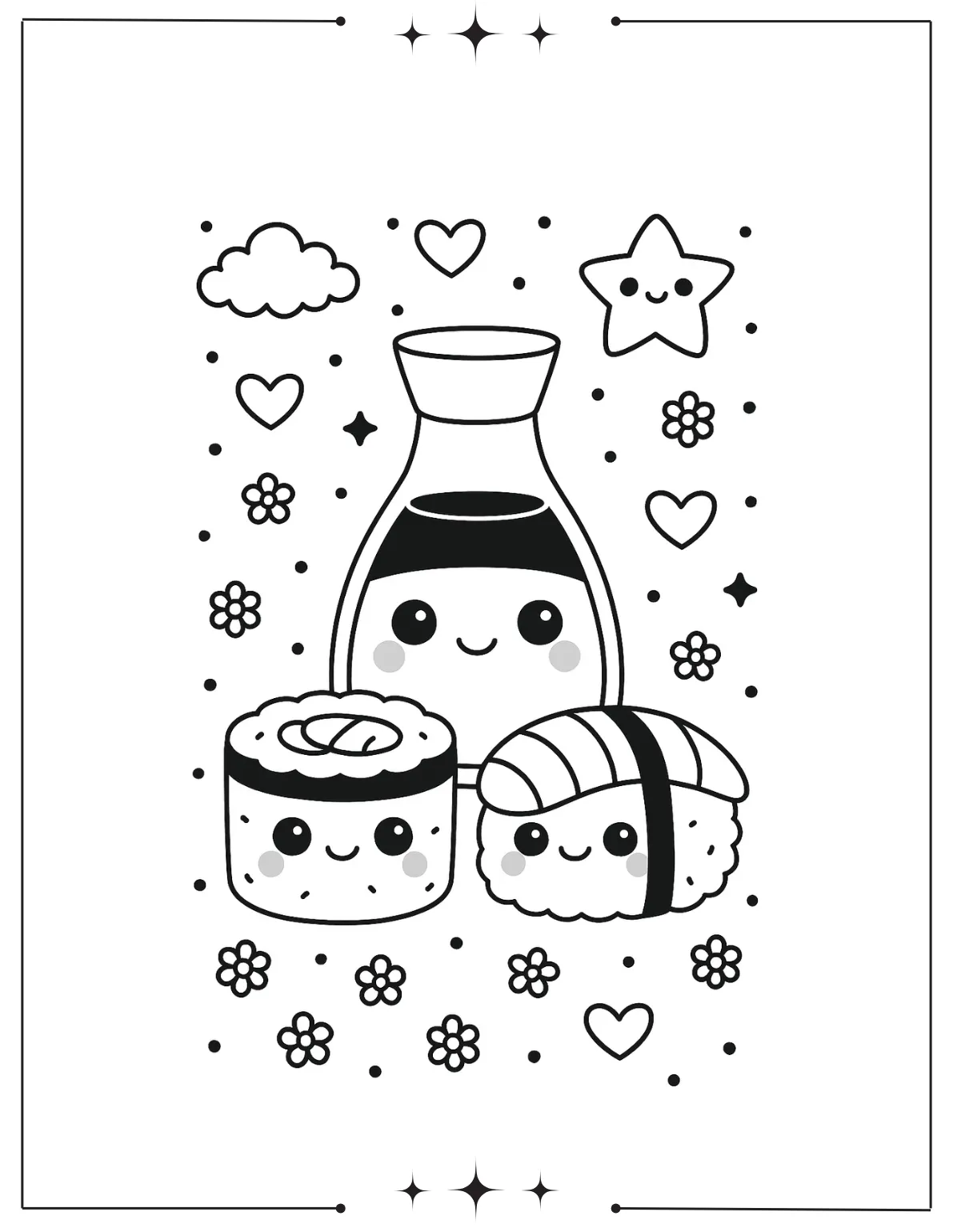 Kawaii Coloring Pages (Free Printables) Kawaii Sushi and Soy Sauce Coloring Page