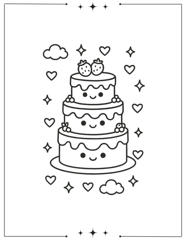 Kawaii Coloring Pages (Free Printables) Kawaii Three Tiered Cake Coloring Page