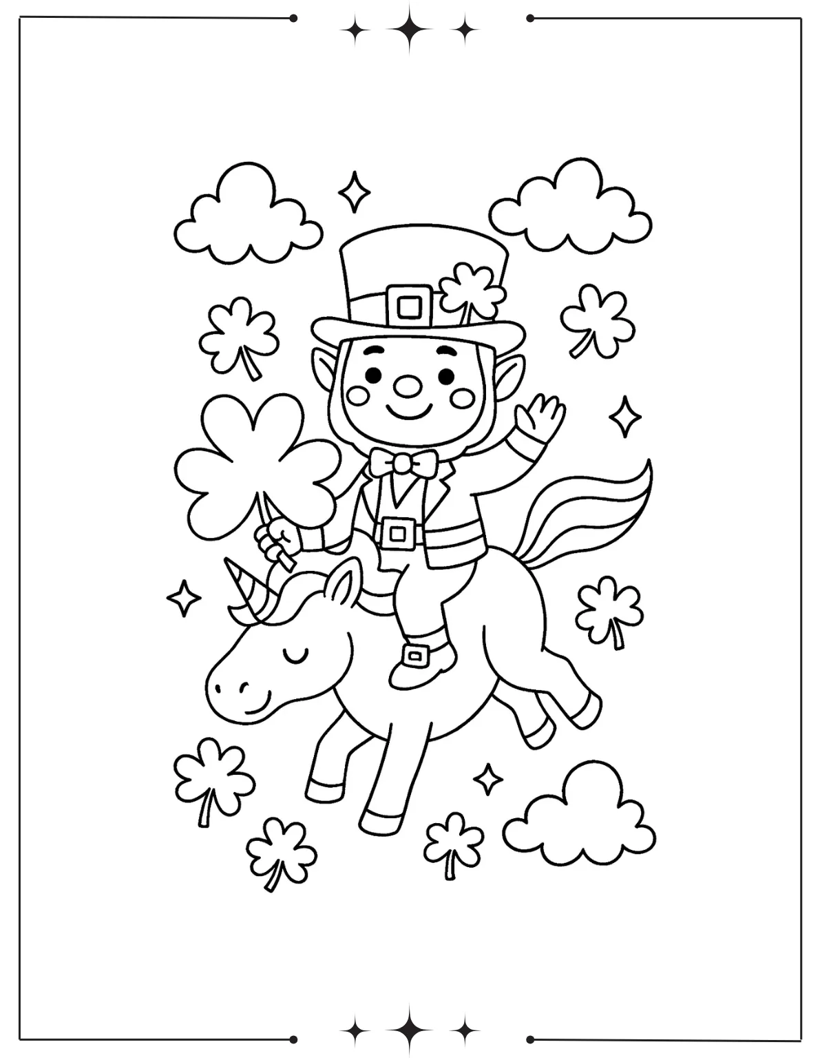 Leprechaun Holding Lucky Shamrock Coloring Page for Kids