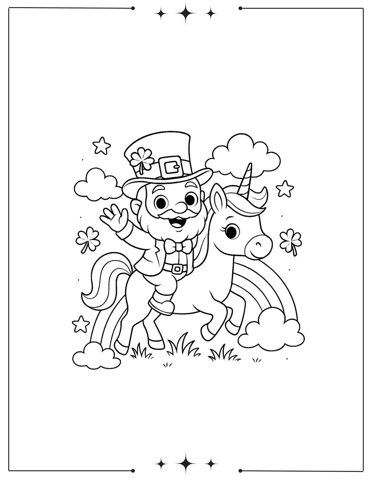 Leprechaun Riding Magical Unicorn in the Sky Coloring Sheet