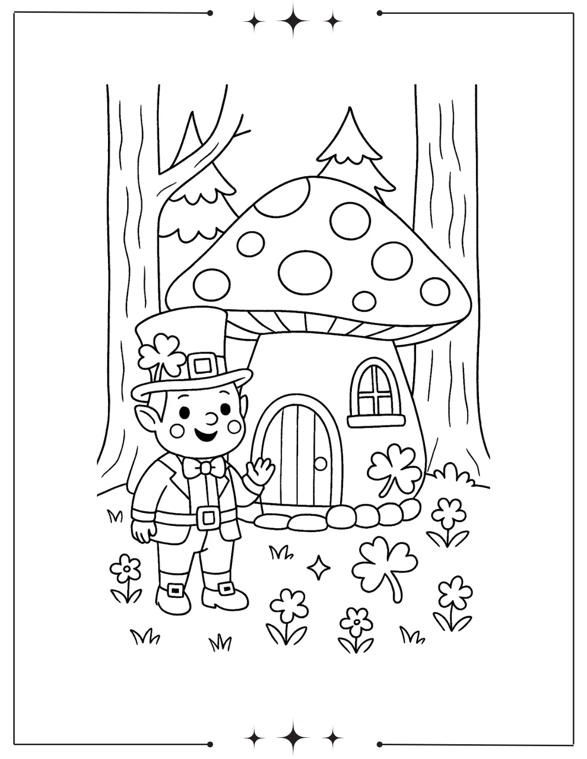 Leprechaun Visits Mushroom House in the Woods Coloring Page