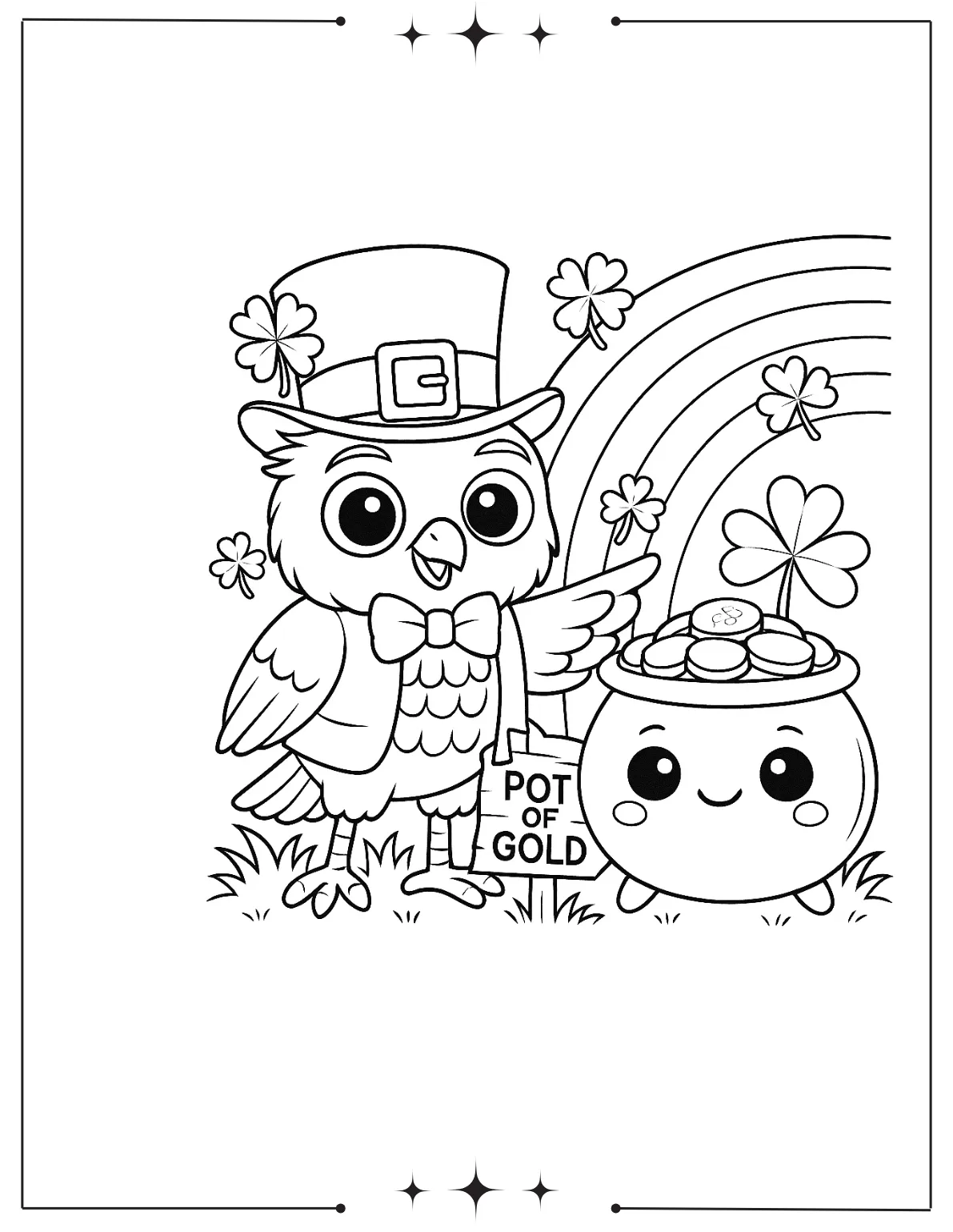 Wise Owl Shows the Way to Pot of Gold Coloring Sheet