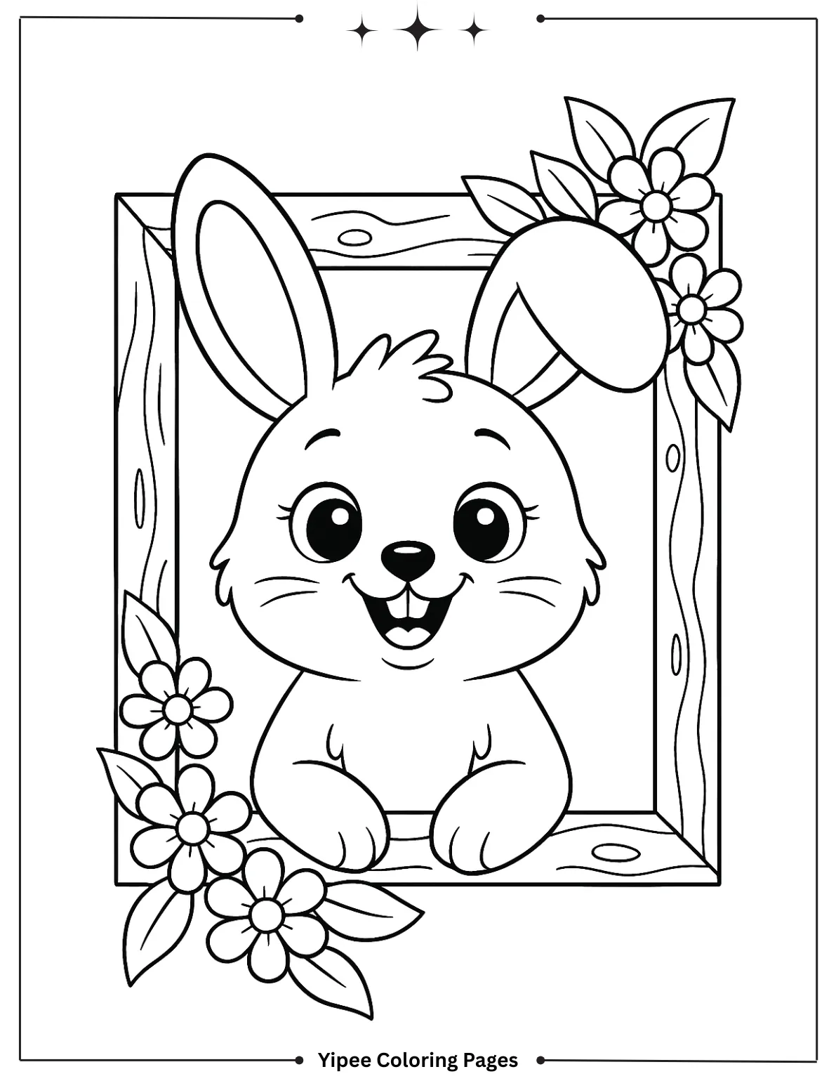 Adorable Bunny with Flowers in Wooden Frame Coloring Page