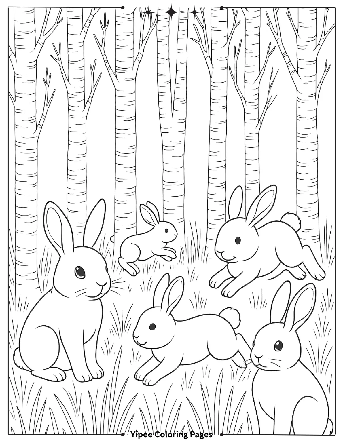 Bunnies in the Birch Tree Forest Coloring Page