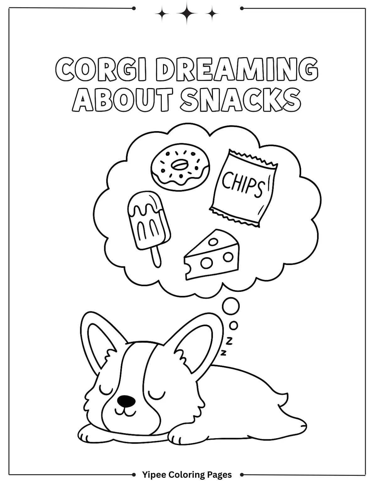 Corgi Dreaming About Snacks Coloring Sheet