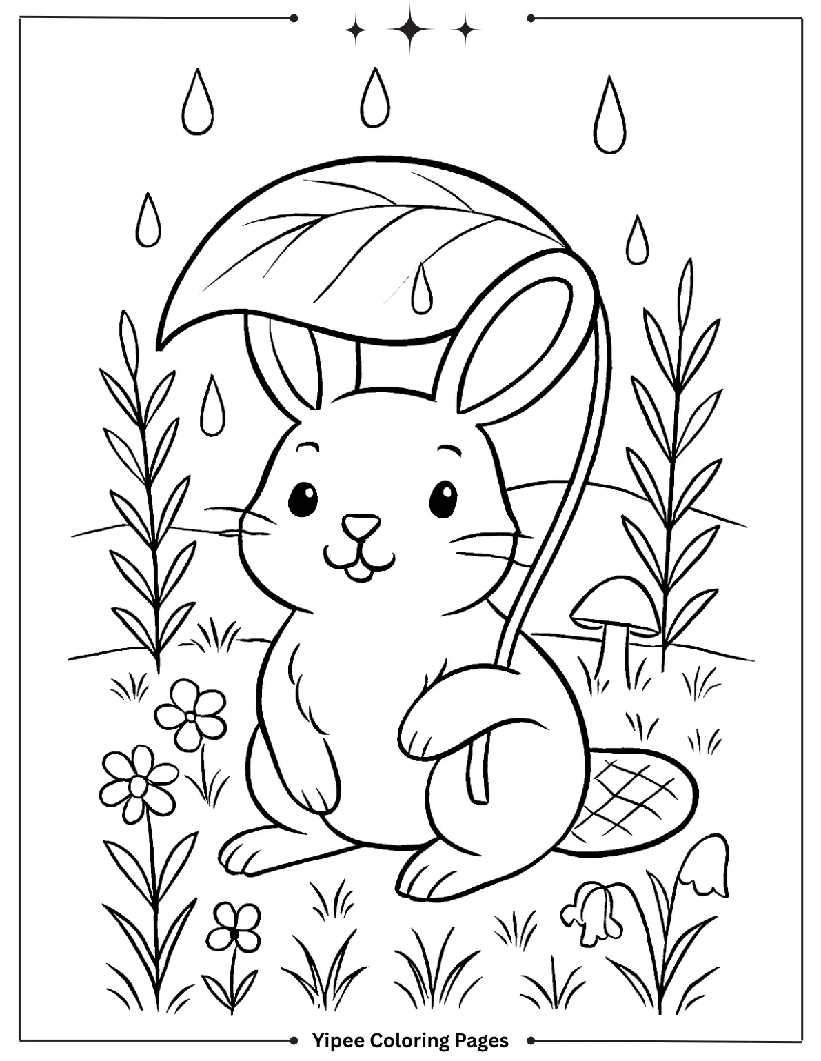 Cute Bunny with Leaf Umbrella Coloring Page