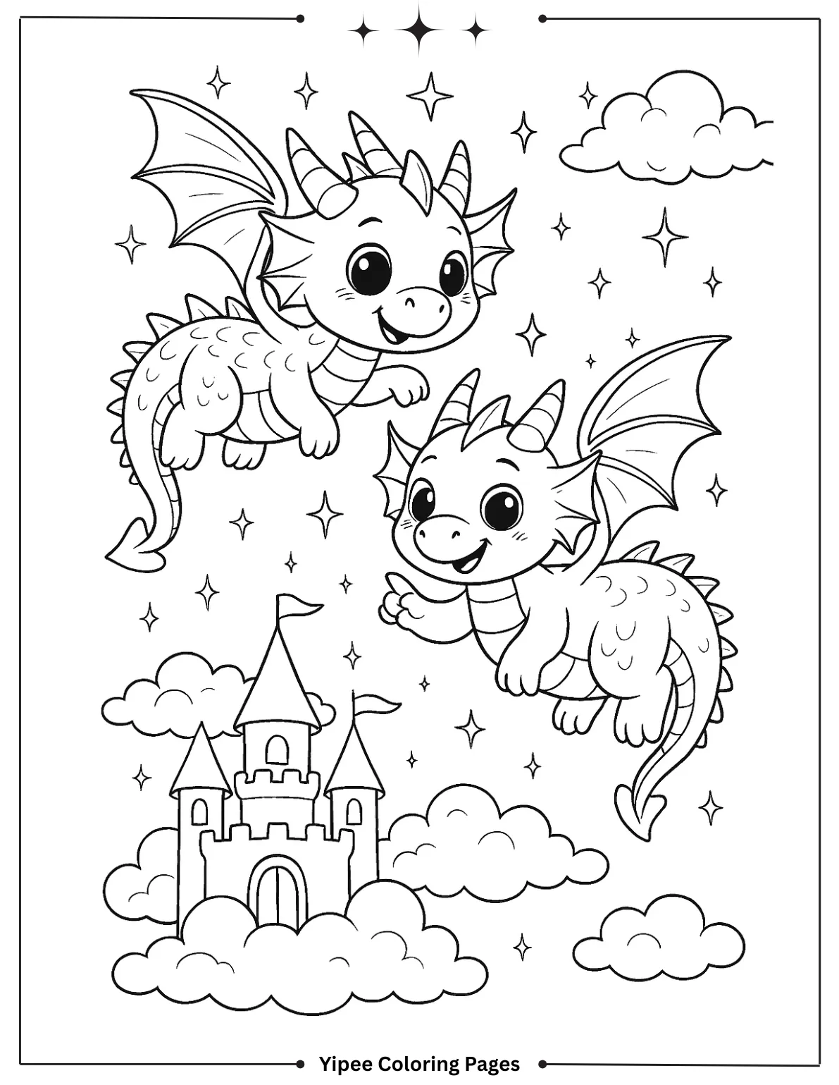 Dragon Coloring Pages | Kids Will Love Cute Dragons Flying Near Castle Coloring Page