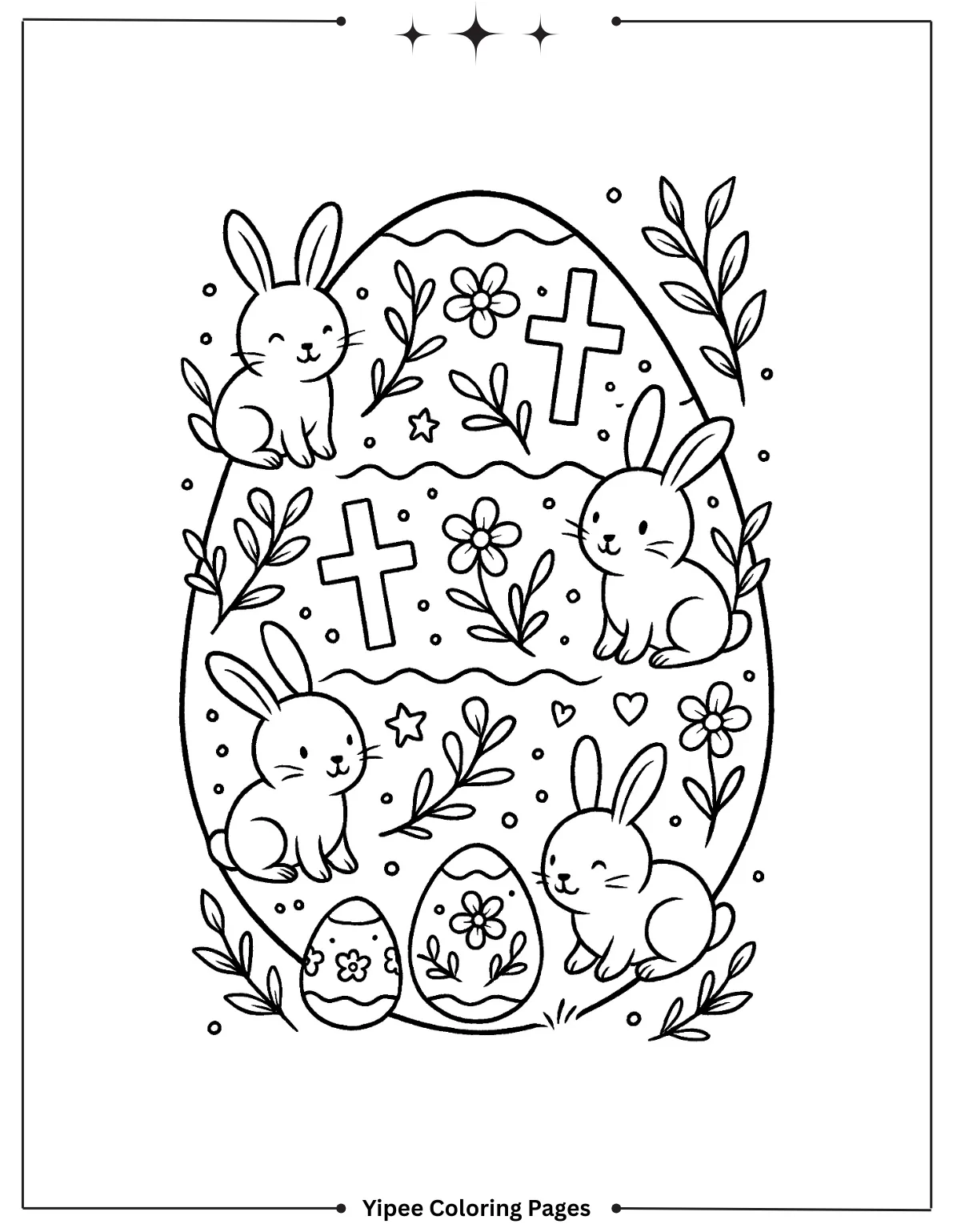 Doodle Easter Egg with Bunnies, Crosses, and Flowers Coloring Page