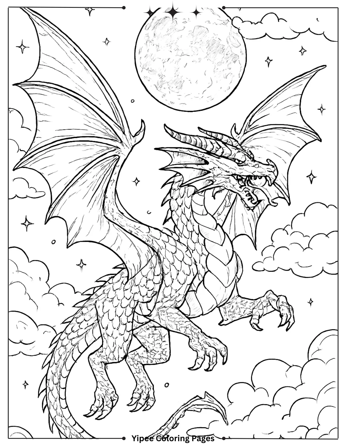 Dragon Coloring Pages | Kids Will Love Dragon in Moonlit Sky Coloring Page