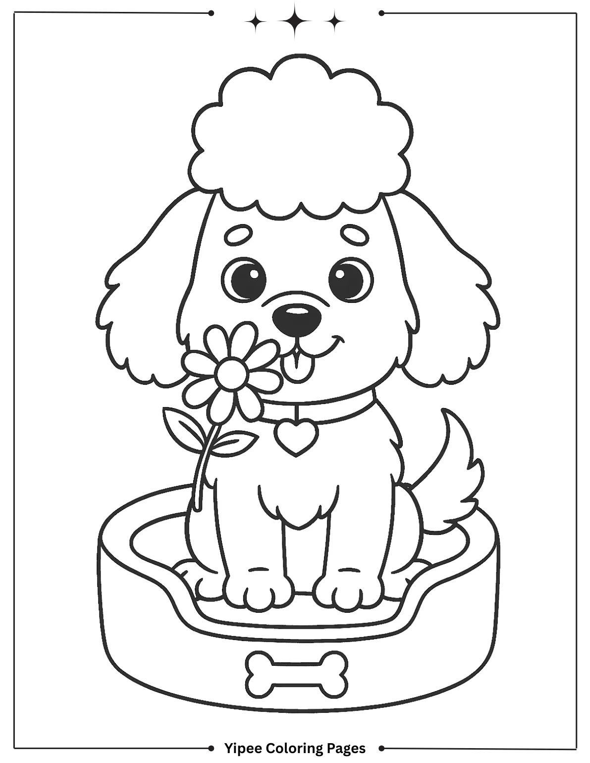 Fluffy Dog in Dog Bed with flower Coloring Page