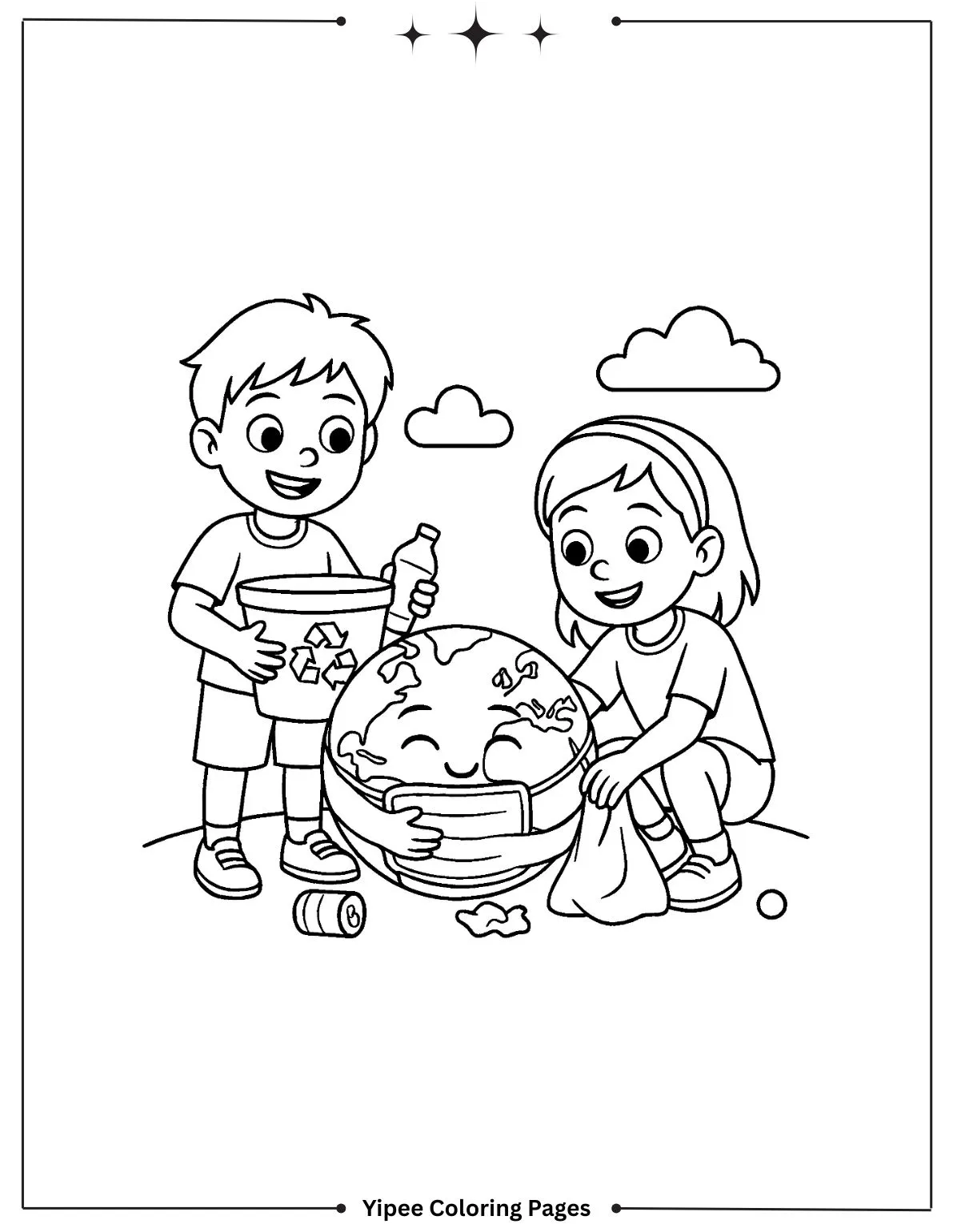 Kids Cleaning Up for Earth Day Coloring Page